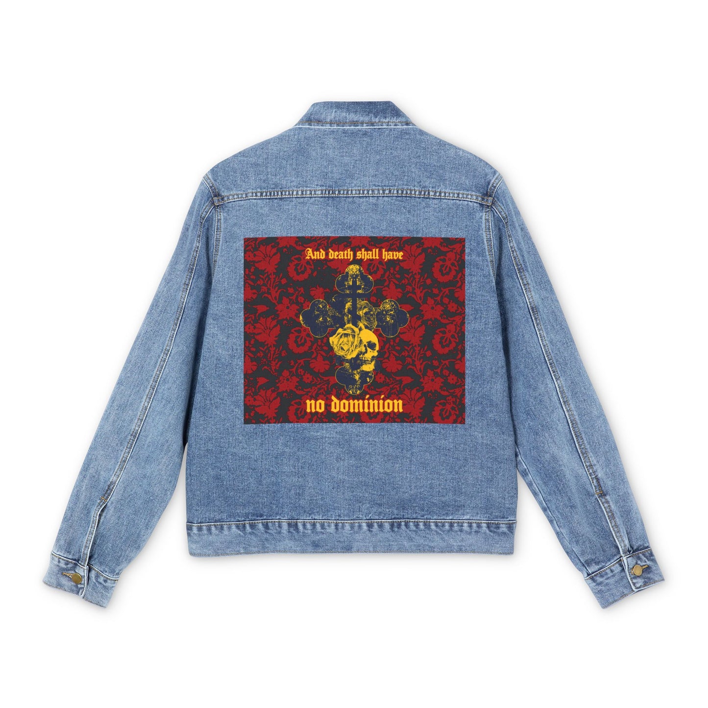 And Death Shall Have No Dominion (Dylan Thomas) | Gothic Style Cross, Skull & Rose Floral Background | Orthodox Christian Blue Denim Jacket