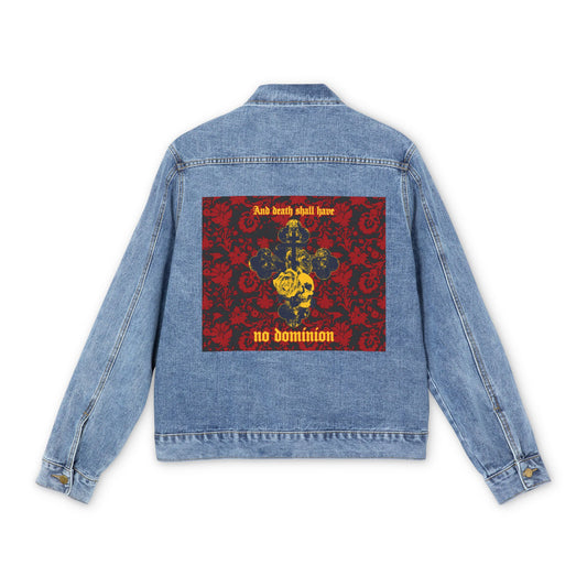 And Death Shall Have No Dominion (Dylan Thomas) | Gothic Style Cross, Skull & Rose Floral Background | Orthodox Christian Blue Denim Jacket