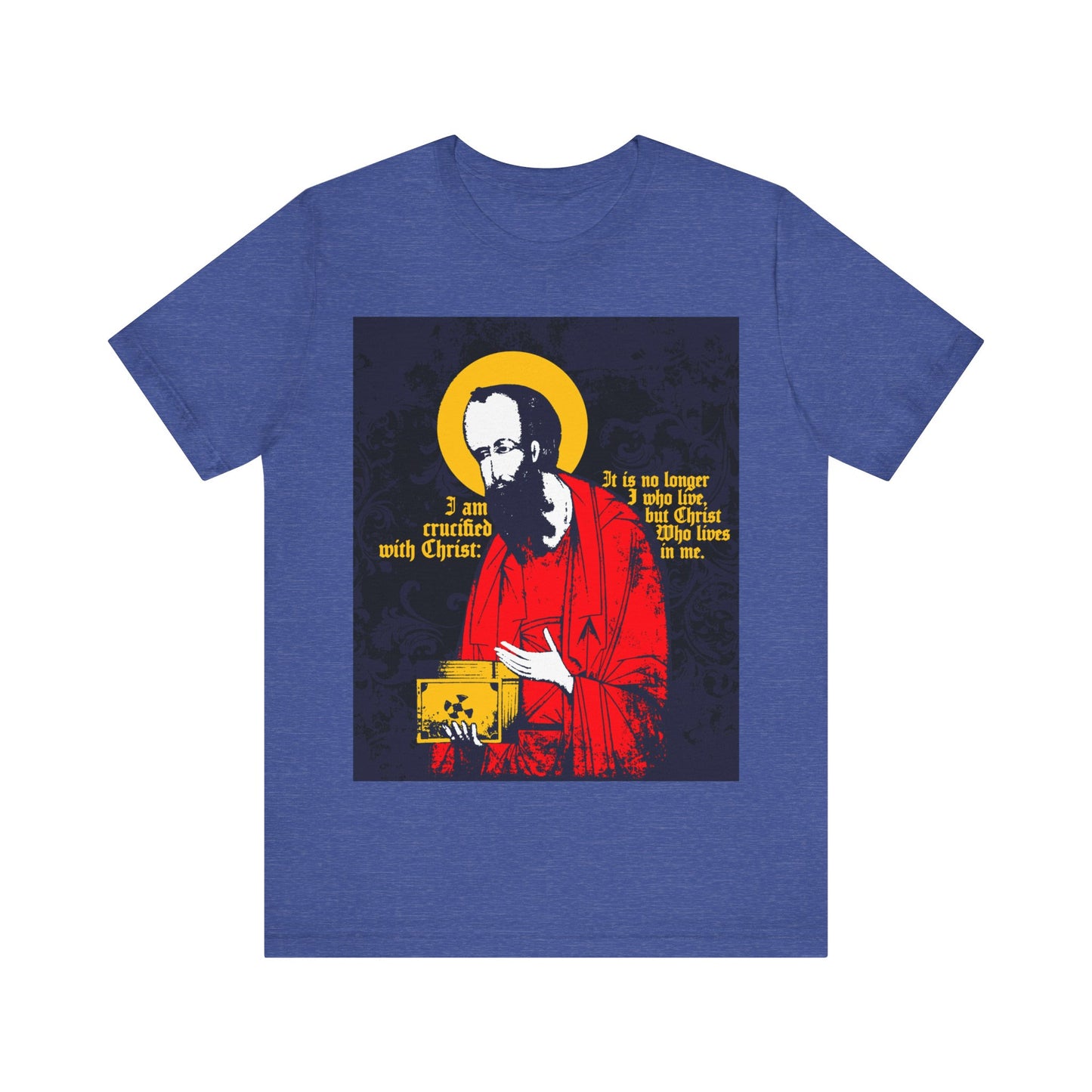 Heather True Royal t-shirt featuring St Paul holding the Gospel and yellow "I am crucified with Christ..." text (Galatians 2:20)—an Orthodox Christian reminder of new life in Christ.