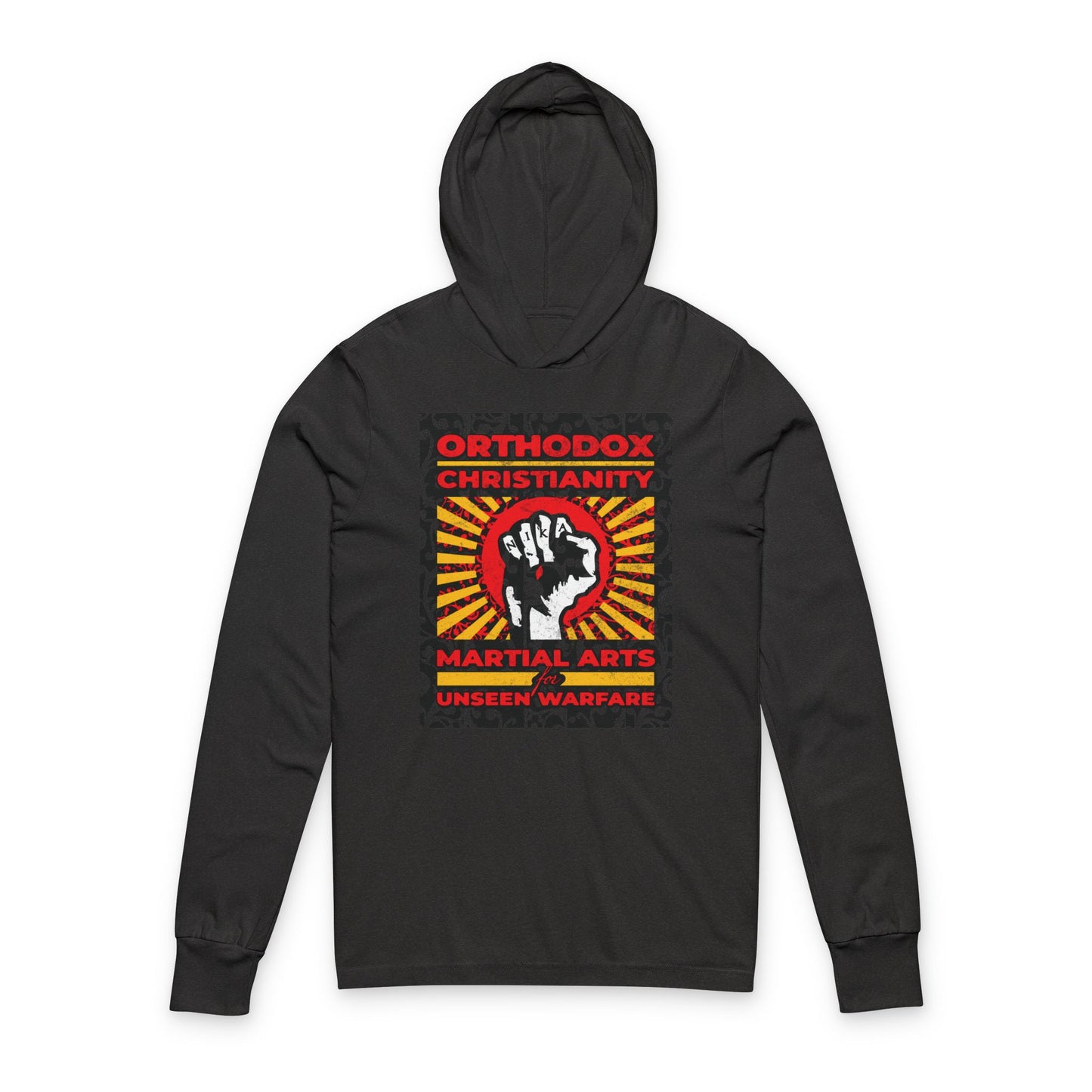 Orthodox Christianity: Martial Arts for Unseen Warfare | NIKA Jesus Fist on Colorful Sunburst Design | Orthodox Long Sleeve Hooded Shirt