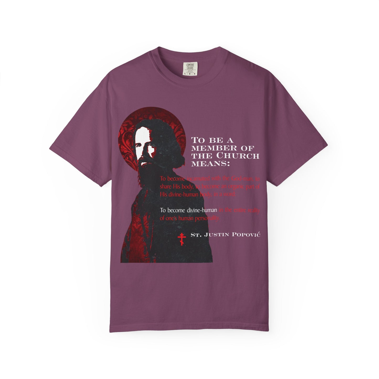 Berry-colored heavyweight cotton unisex tee, titled "To Be a Member of the Church," featuring textured Orthodox ecclesiology artwork with a bearded man and a quote about church membership by St. Justin Popović. Crafted for superior comfort and style from soft premium cotton.