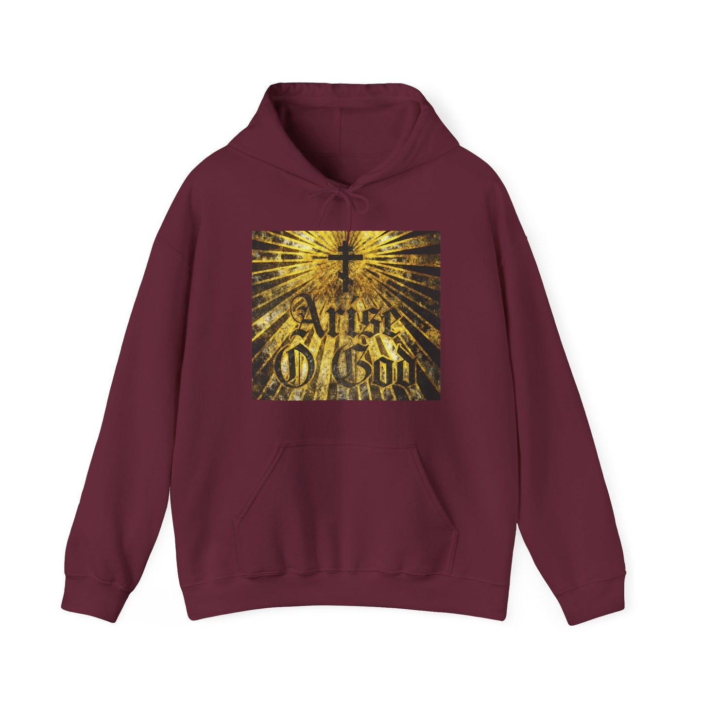 Maroon "Arise O God" hoodie featuring Psalm 81 (82 LXX) in textured Gothic font, with Orthodox cross and golden rays, inspired by the Divine Council worldview.