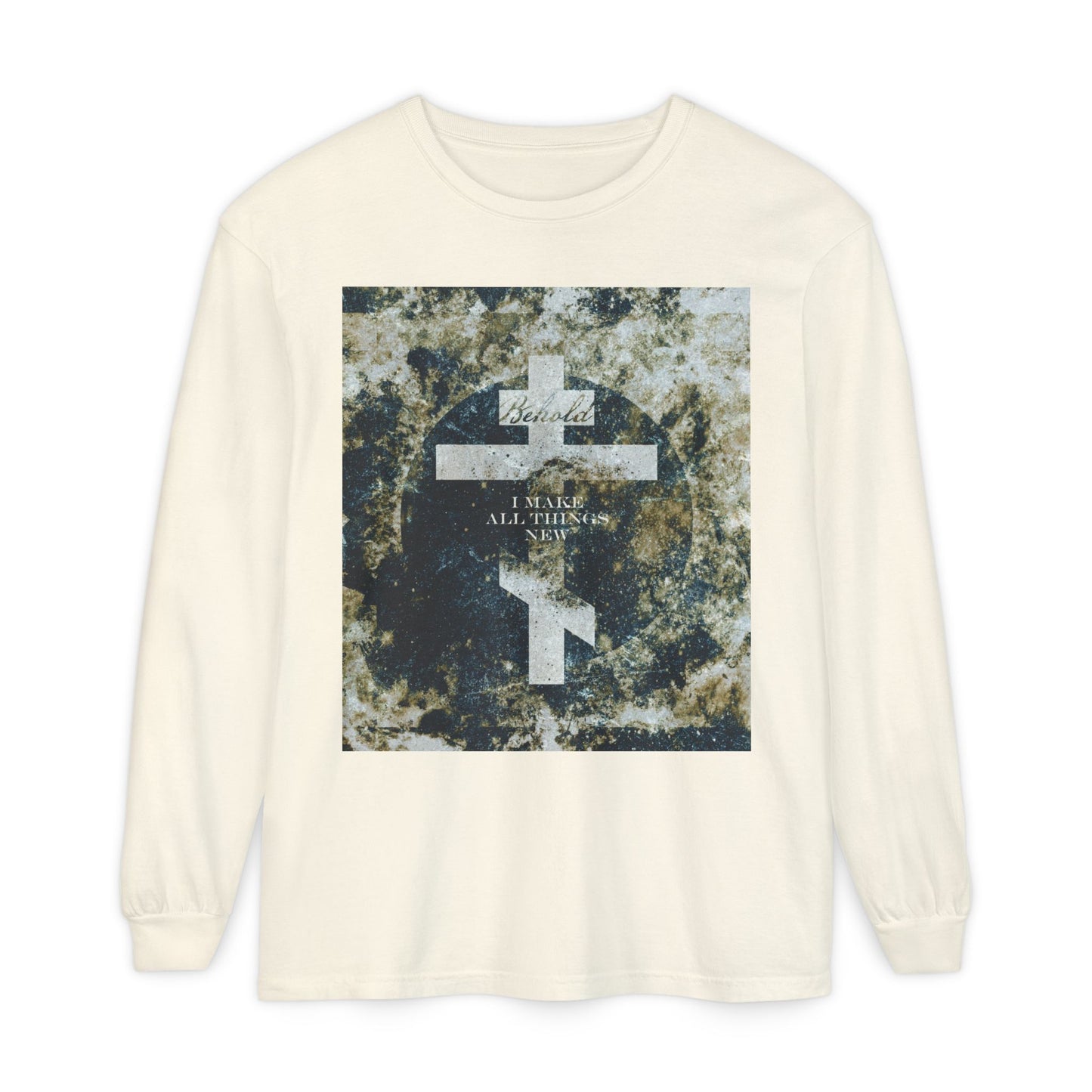 Behold, I Make All Things New | Revelation 21:5 | Cosmic Textured Orthodox Cross | Parousia | Orthodox Christian Long Sleeve Shirt