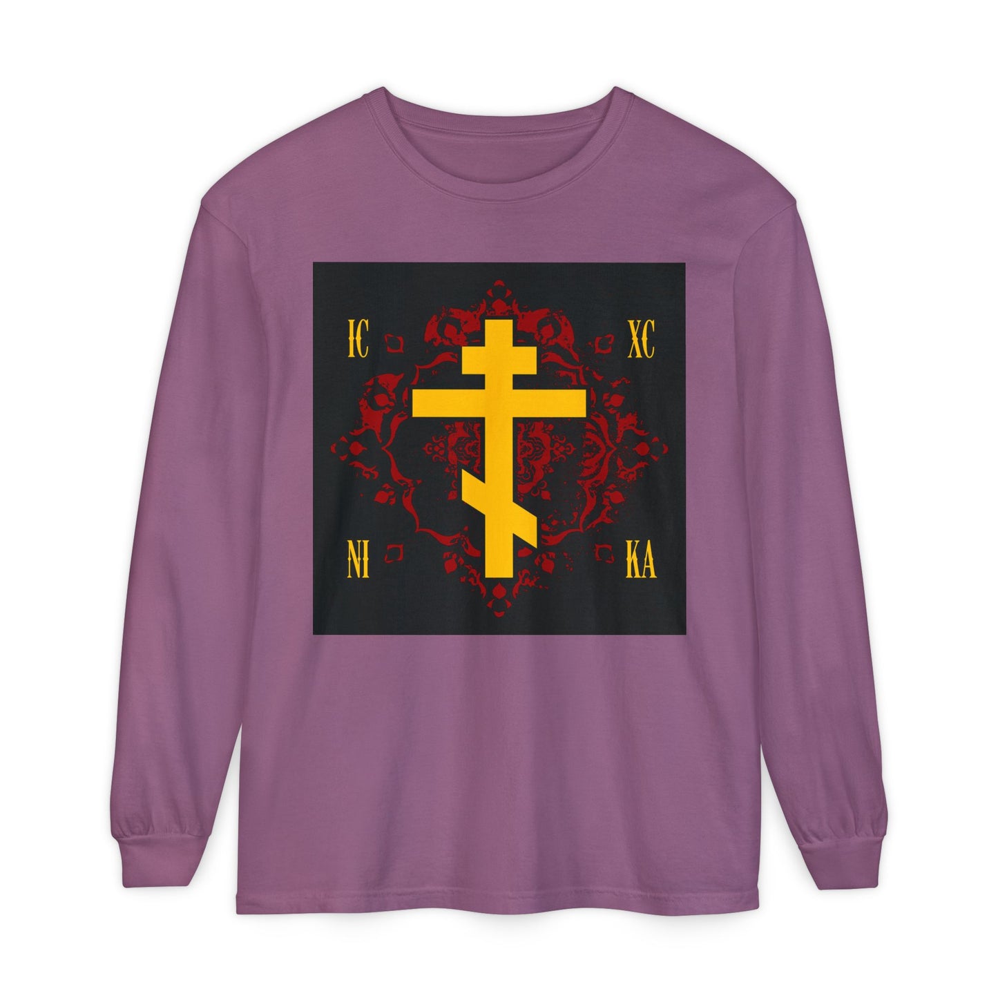 Berry long-sleeve shirt featuring a yellow Russian cross on an ornate red background with "ICXC NIKA" design—Jesus Christ Conquers. Orthodox Christian apparel.