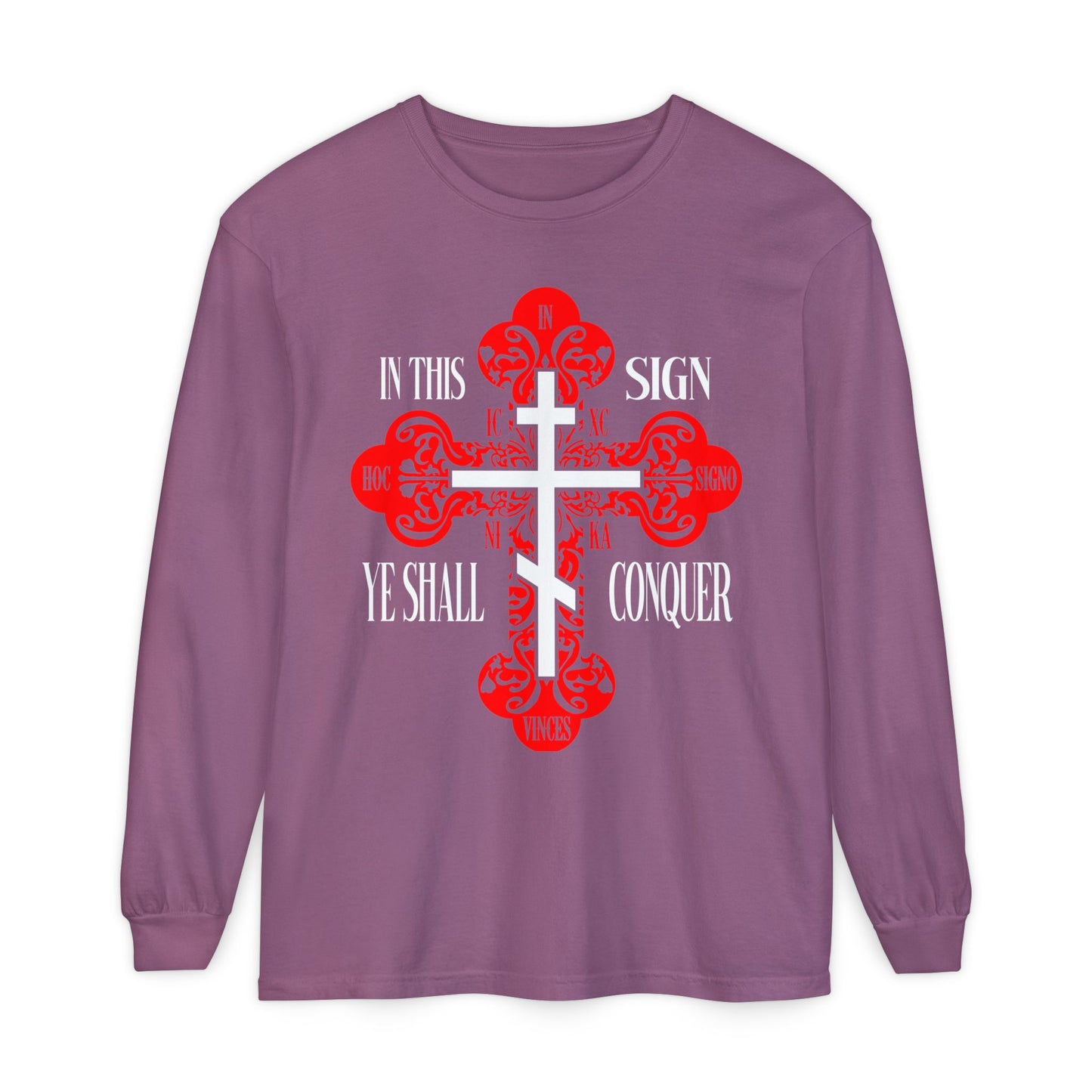 Berry long-sleeve shirt featuring a red ornate Orthodox Cross and the text "In this sign ye shall conquer," inspired by Christian faith. Product name: In This Sign Ye Shall Conquer | ICXC NIKA | Jesus Christ Conquers.