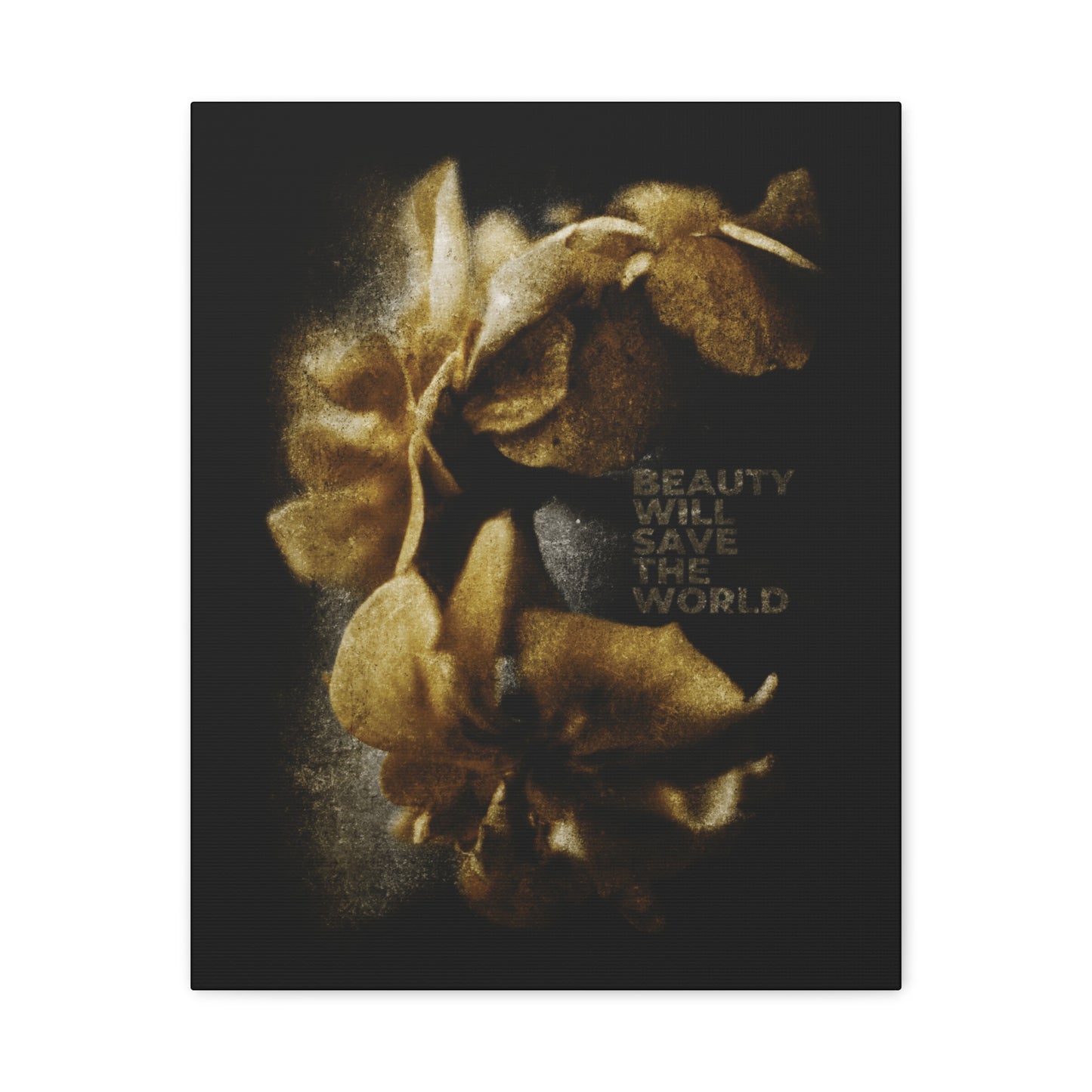 Golden abstract flowers on a dark background with “Beauty Will Save the World,” inspired by Dostoevsky, glorifying Jesus Christ, Universal Creator & King—original photographic Christian wall art.