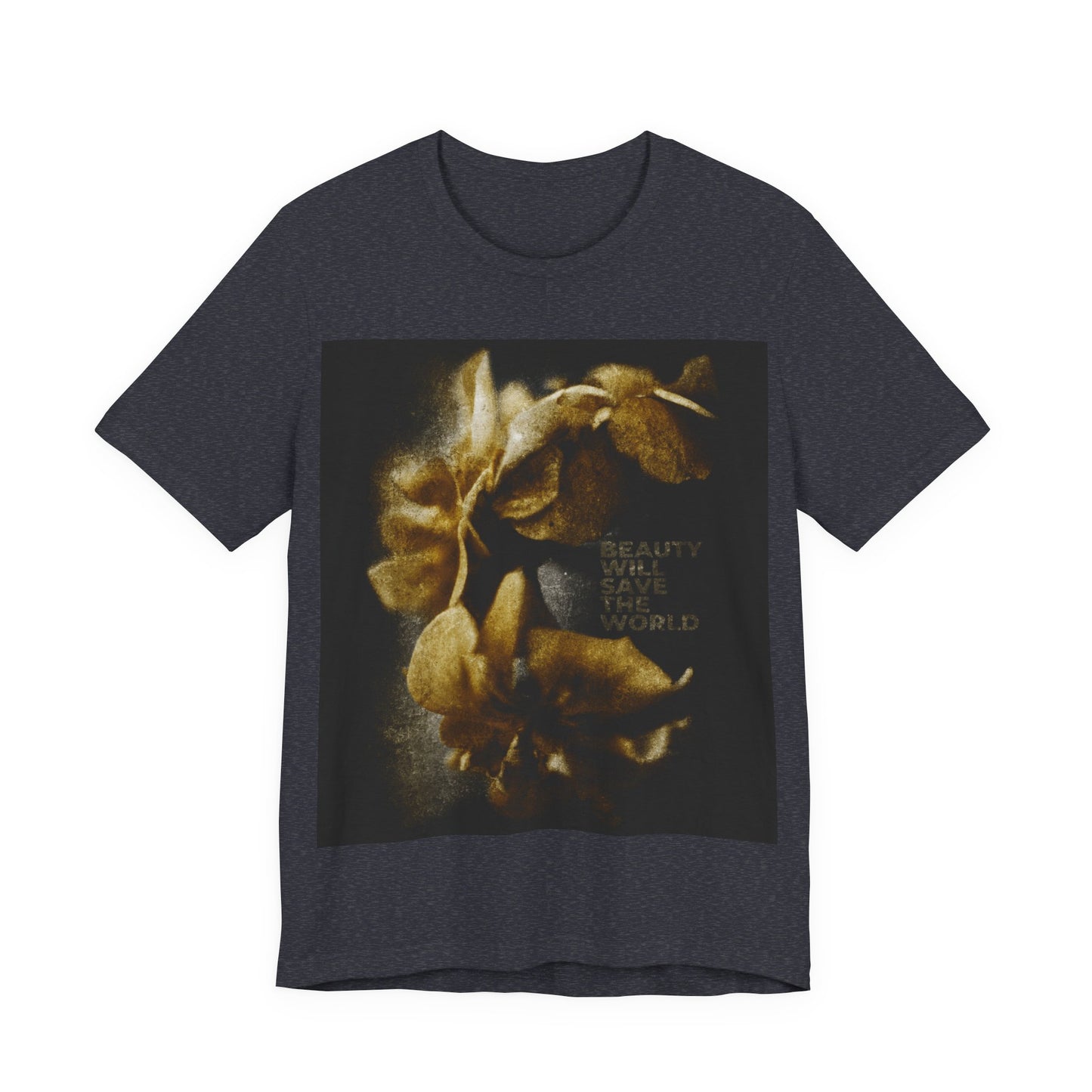 Heather navy t-shirt featuring a yellow floral design, “Beauty will save the world” text, and Dostoevsky-inspired artwork glorifying Jesus Christ, Universal Creator & King. Orthodox Christian-themed.