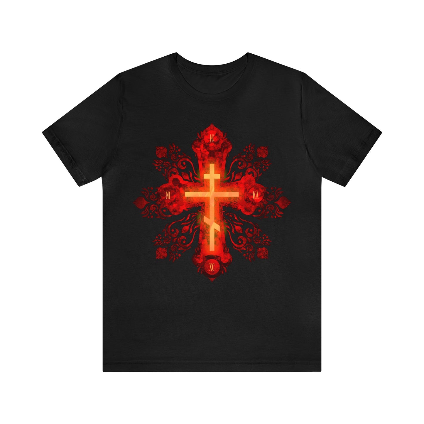 Ornate NIKA Red and Gold Orthodox Cross in Russian Animation Style | Orthodox Christian T-Shirt