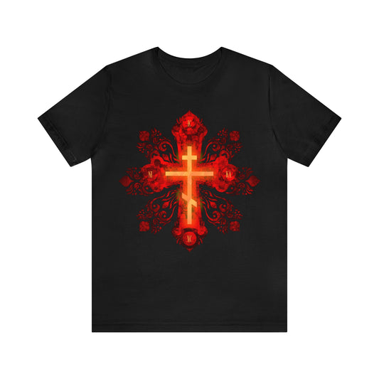 Ornate NIKA Red and Gold Orthodox Cross in Russian Animation Style | Orthodox Christian T-Shirt