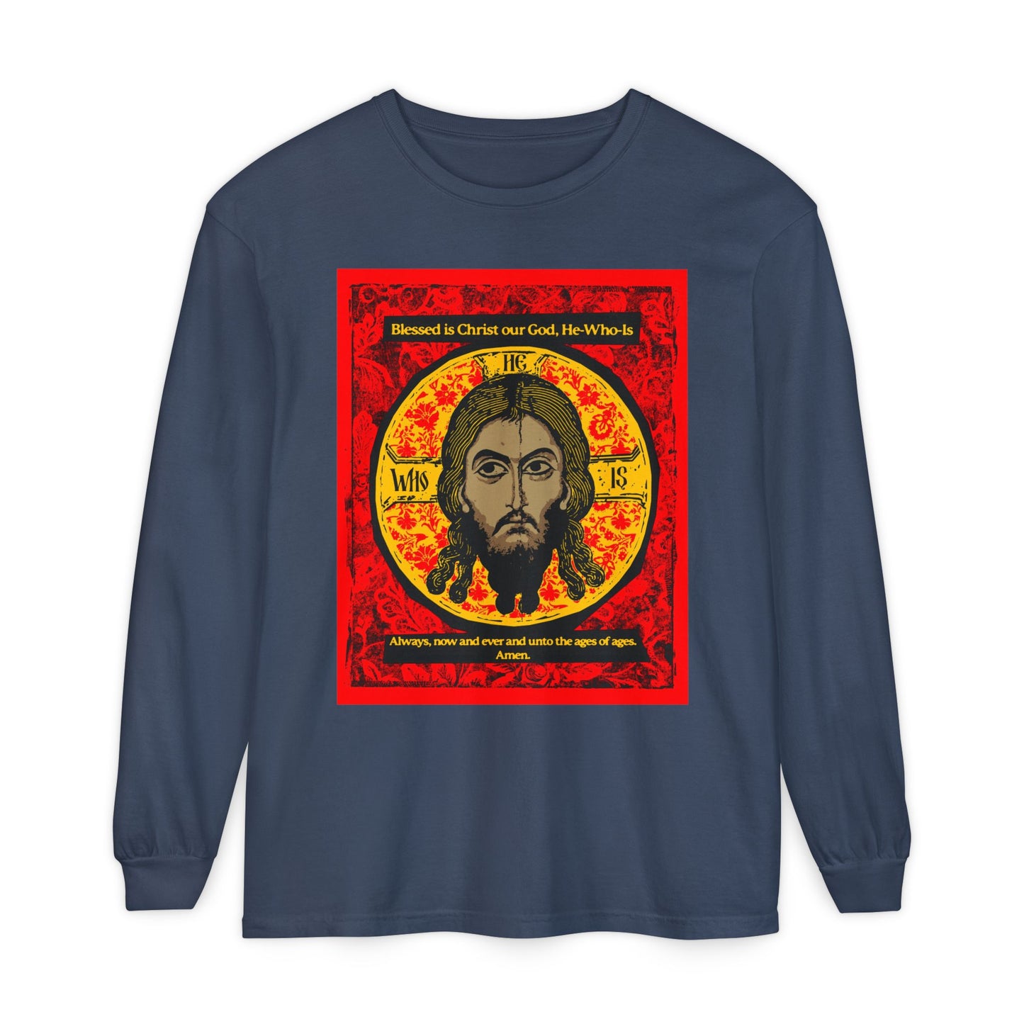 The Remembrance of Death "Made Without Hands (Mandylion/Image of Edessa)" long sleeve shirt features a red, black, and yellow Orthodox Jesus Christ icon graphic with halo and religious text, inspired by Troparion Tone 2, on a navy blue background.