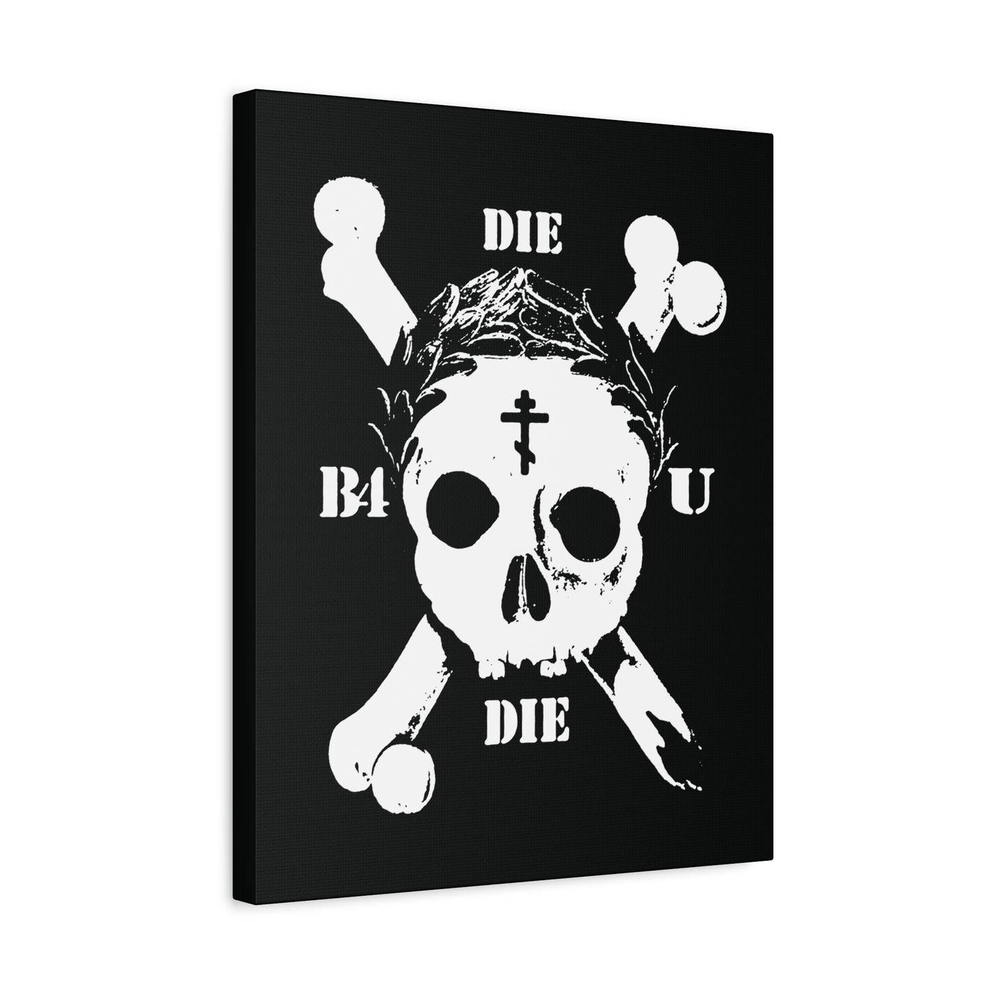 Die Before You Die: Retro wall art with a white skull & crossbones, Orthodox cross, and laurel victory wreath—Memento Mori inspired by ascetic Christian themes from Matthew 16:24-25.