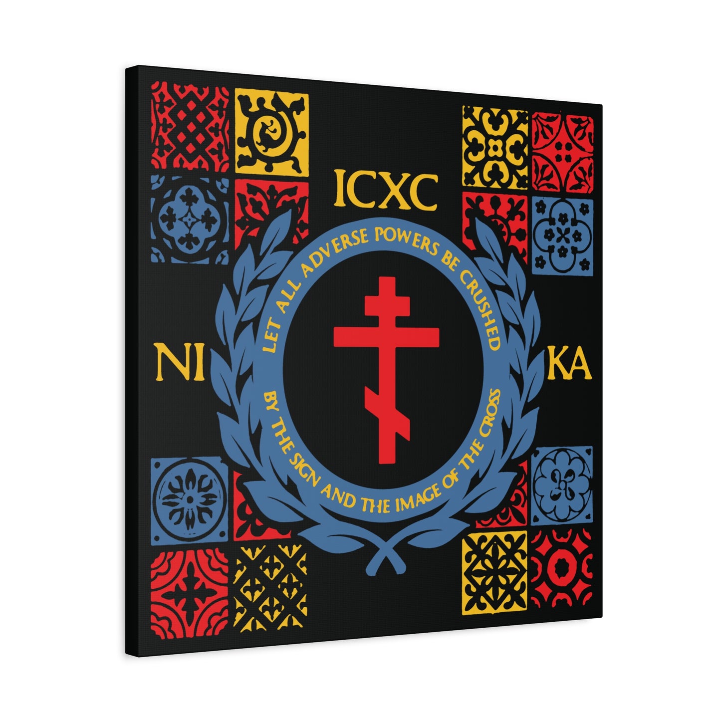 Let All Adverse Powers Be Crushed (Red, Yellow & Blue Design) | ICXC NIKA | Medieval Tile Design | Orthodox Christian Canvas Art
