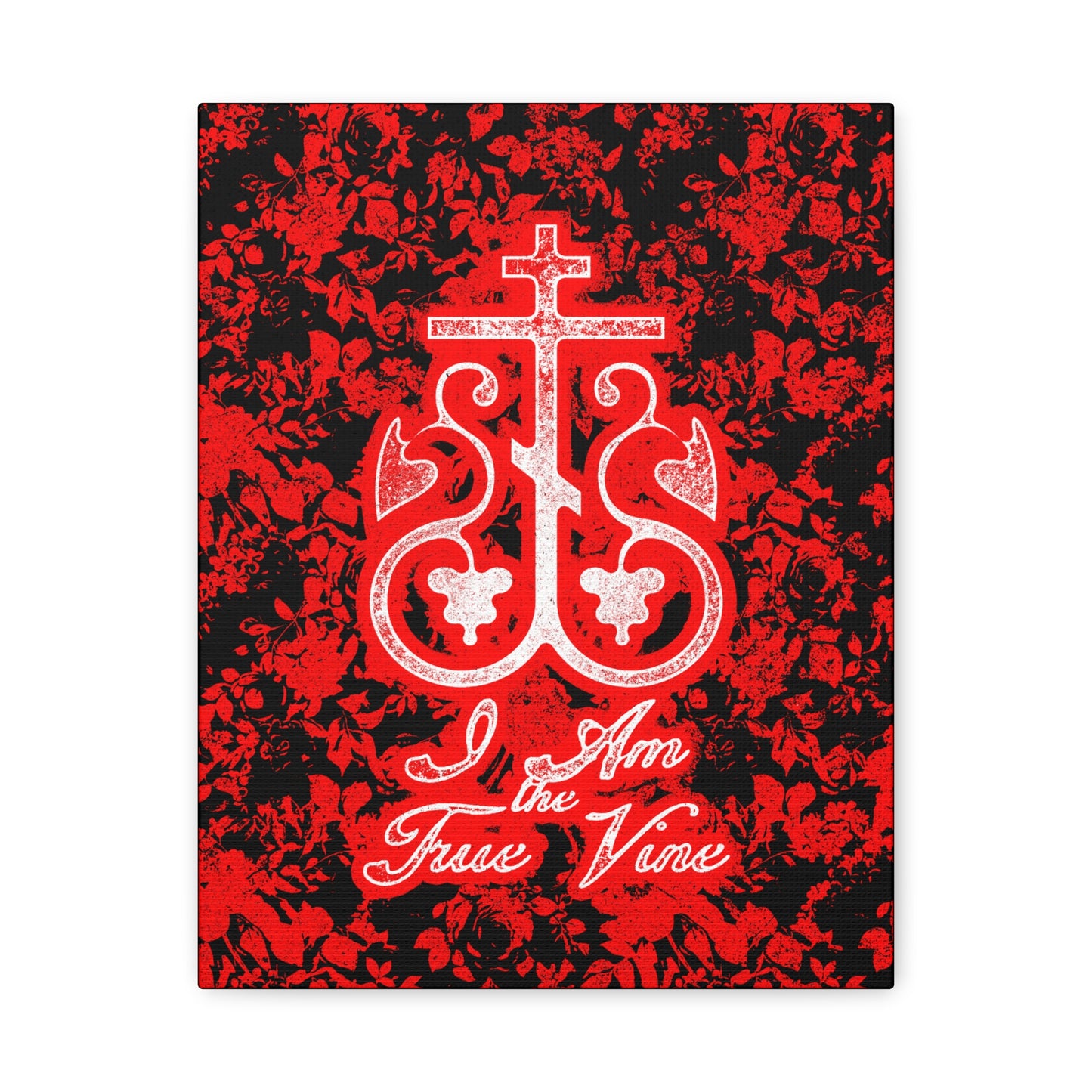 I Am the True Vine (John 15:1) | Orthodox Cross Vine Monogram | Red and Black Floral Design | Orthodox Christian Canvas Art