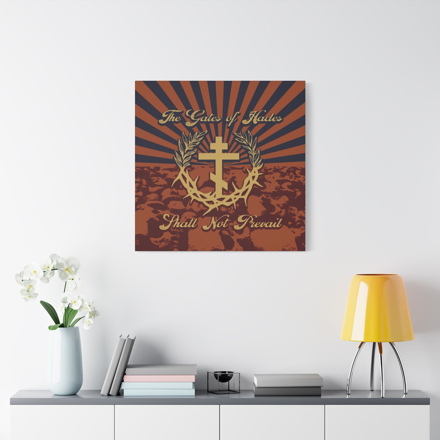 The Gates of Hades Shall Not Prevail | Cross with Wreath & Crown of Thorns | Skulls and Rays | Orthodox Christian Canvas Art