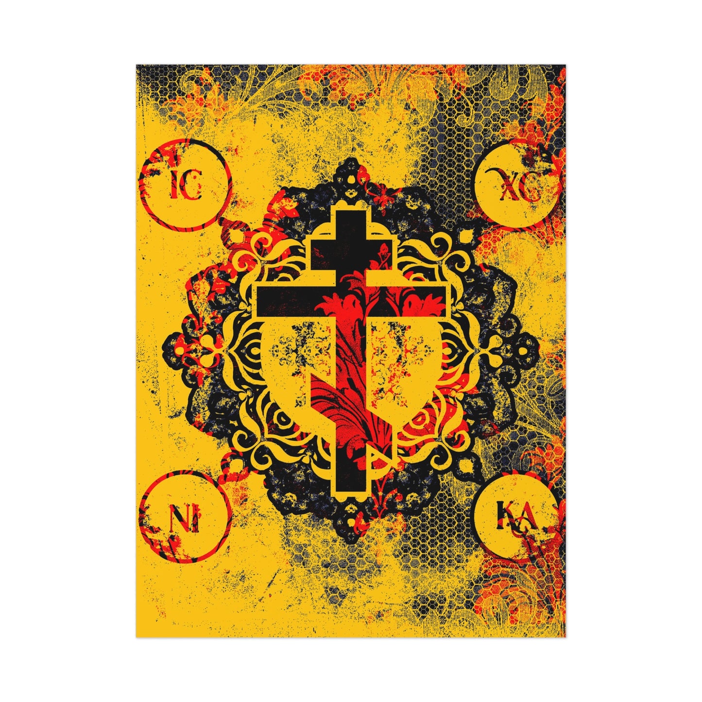 IC XC NIKA Orthodox Cross | Yellow & Red Modern & Medieval Textured Floral Design | Orthodox Christian Art Poster