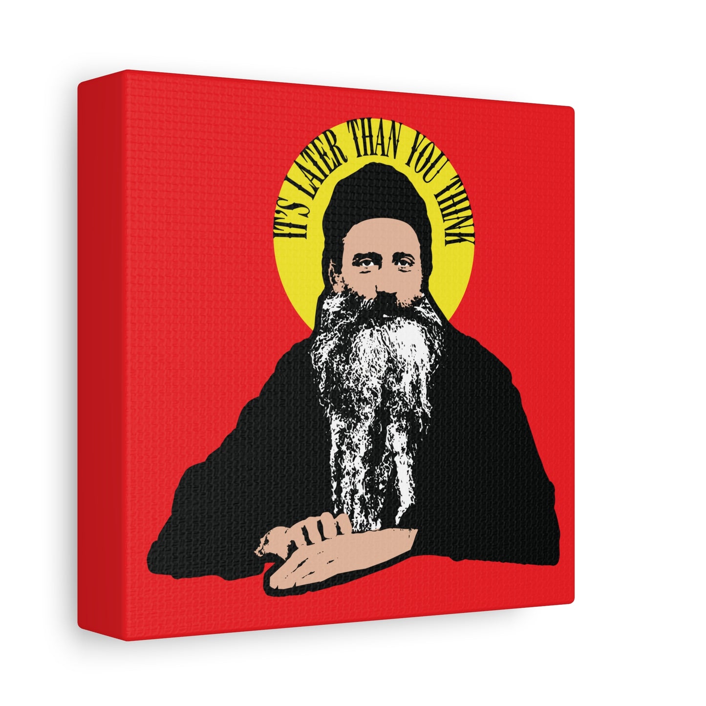 Modern Orthodox Christian wall art featuring Fr Seraphim Rose’s quote "It's Later Than You Think" in a yellow halo, inspired by American saints—an illustration reflecting on life and faith.