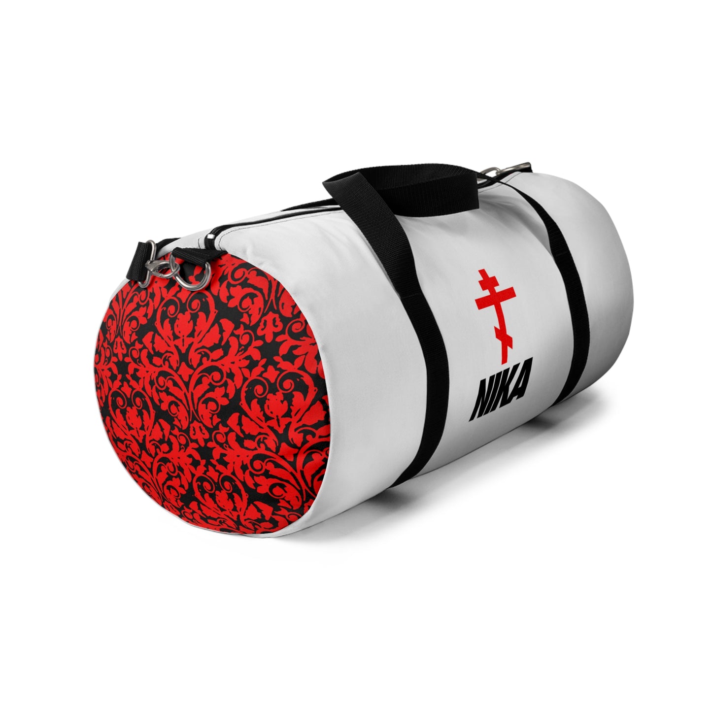NIKA Red Orthodox Cross | White Bag | NIKE Logo Mashup | Minimalist Corporate Sports Logo Aesthetic | Orthodox Christian Gym Duffel Bag