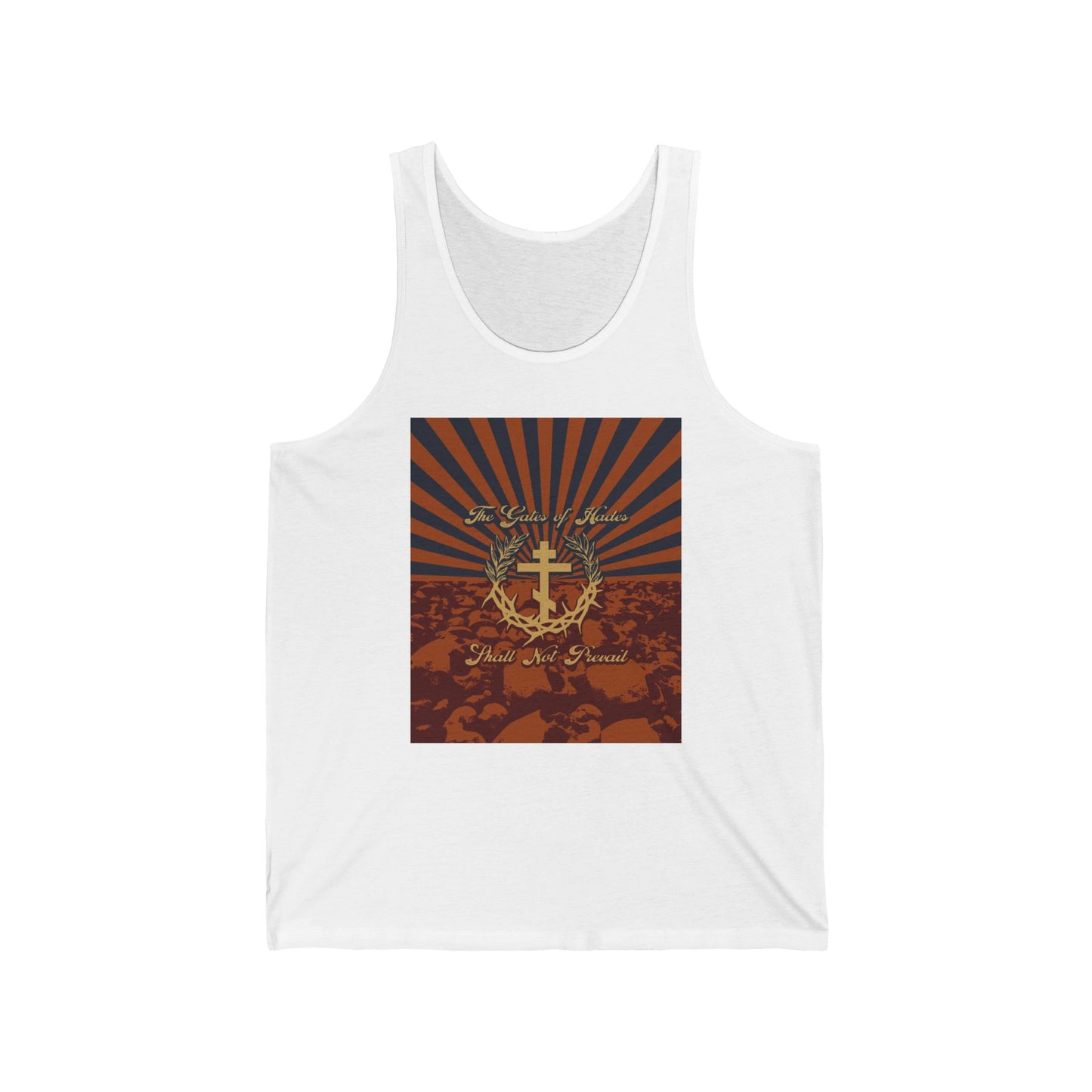 The Gates of Hades Shall Not Prevail | Cross with Wreath & Crown of Thorns | Skulls and Rays | Orthodox Christian Jersey Tank Top