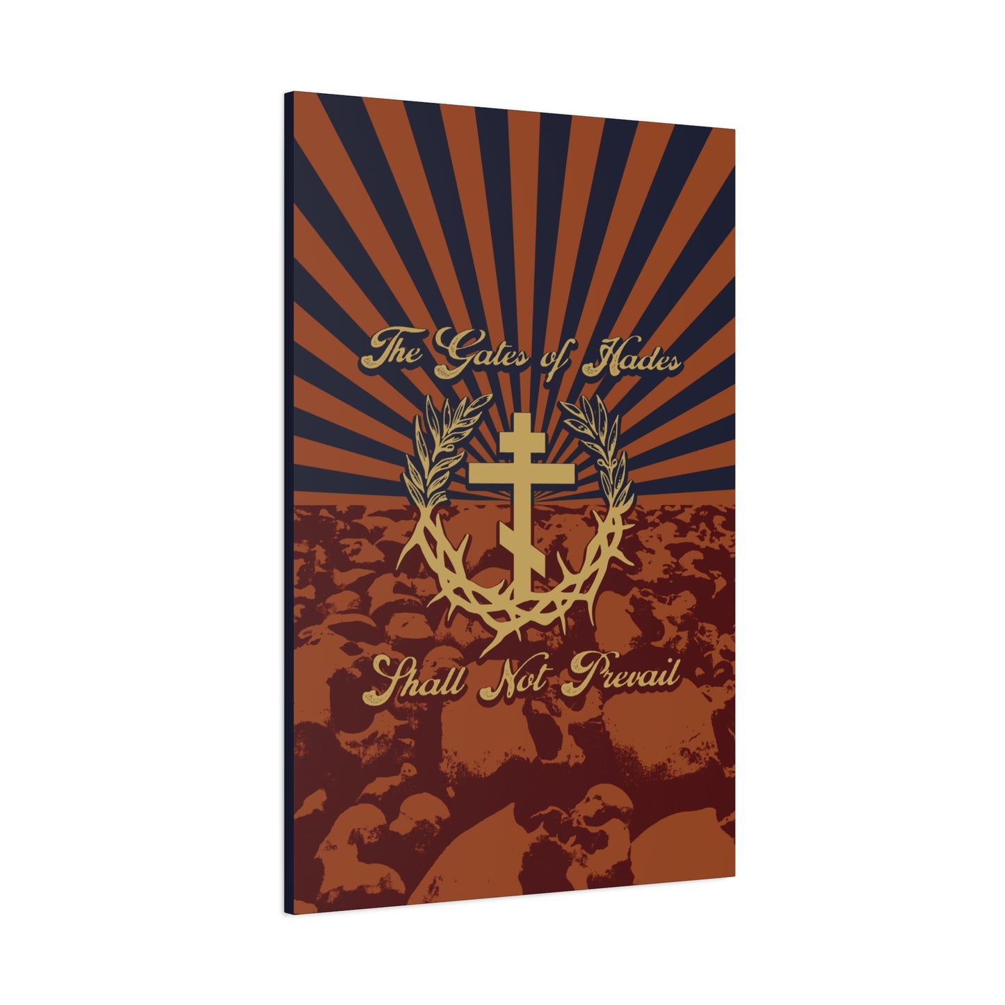 The Gates of Hades Shall Not Prevail | Cross with Wreath & Crown of Thorns | Skulls and Rays | Orthodox Christian Canvas Art