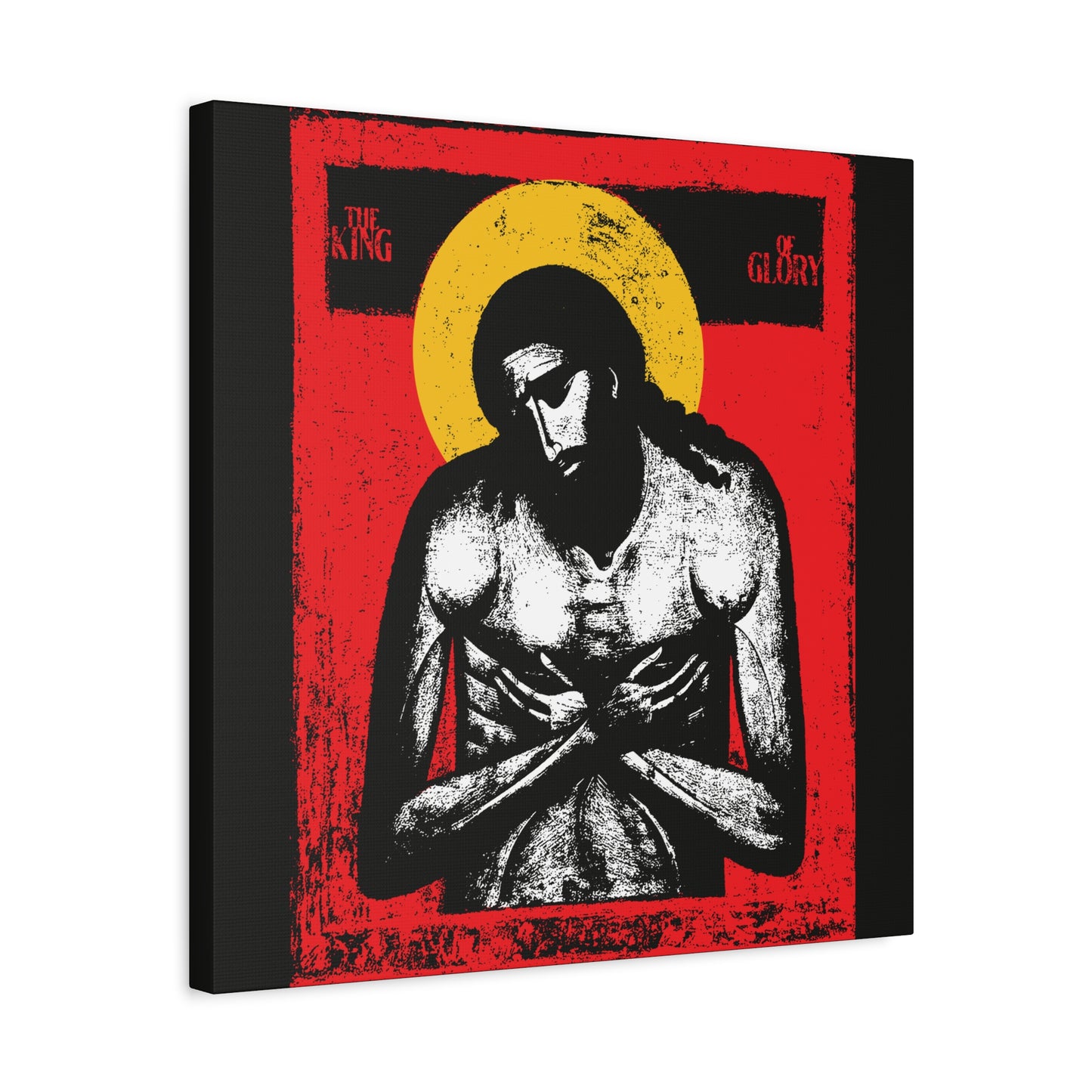 The King of Glory Jesus Christ "Extreme Humility" IconoGraphic features a stylized image with yellow halo, red background, and "The King of Glory" text—a powerful Christian devotional wall art inspired by Isaiah 53.