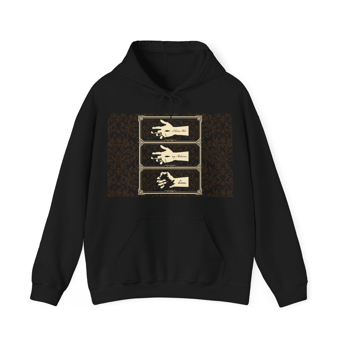 Black hoodie featuring an earthtone Americana-style graphic of the hand of the crucified Christ, inspired by Job 19:25—"I Know That My Redeemer Lives"—symbolizing resurrection and hope in Orthodox Christian faith.