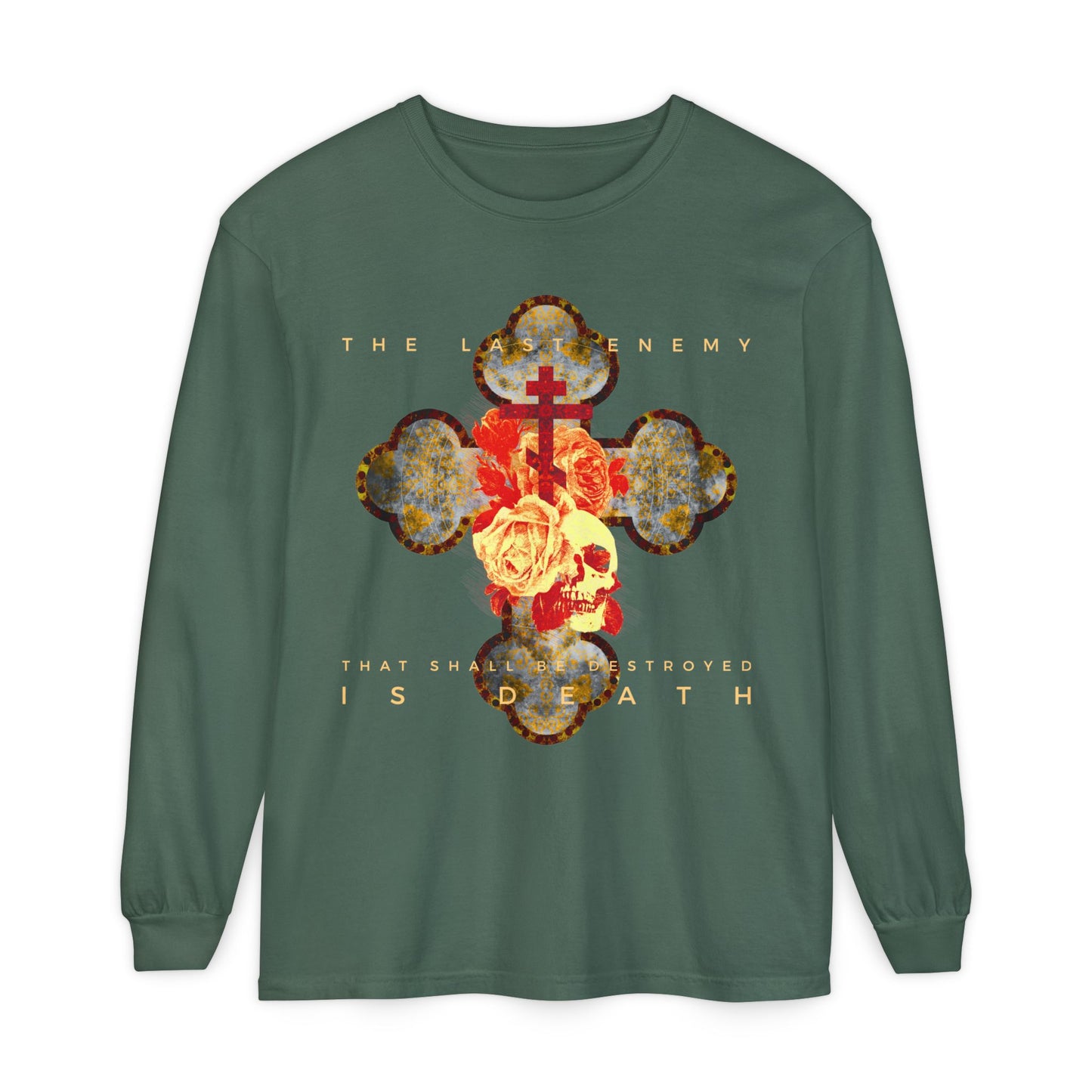 Remembrance of Death “The Final Enemy That Shall Be Destroyed Is Death (1 Cor 15:26)” Orthodox Christian long sleeve features a metallic gothic cross with a rose and skull, inspired by 1 Corinthians 15 and Christ’s victory over death.