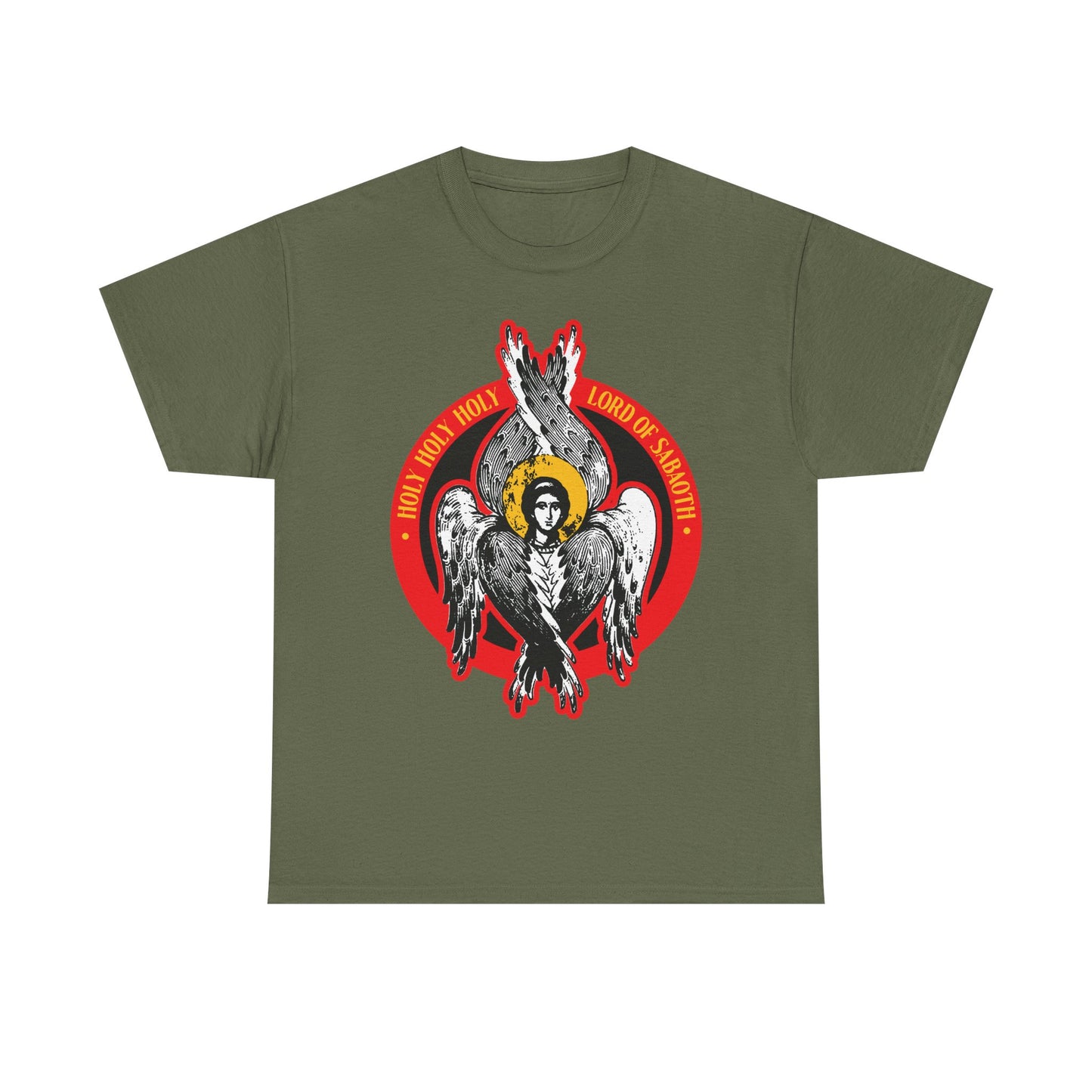 Military green heavy cotton t-shirt with a seraphim angel iconographic design and red "Holy Holy Holy Lord of Sabaoth" text, inspired by Isaiah 6.