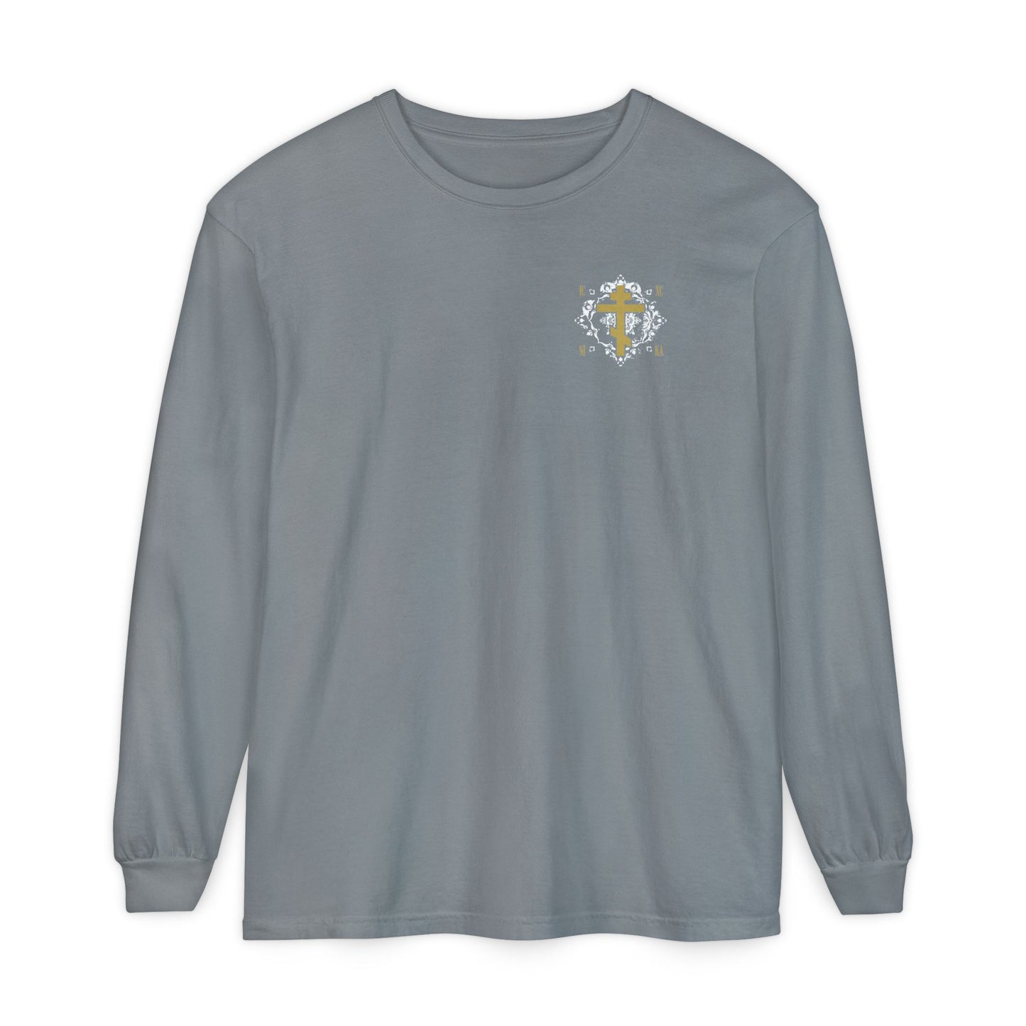 Gold Orthodox Cross ICXC NIKA  (Small Design) | White Medieval Ornate Floral Pattern | Jesus Christ Conquers | Christian Long Sleeve