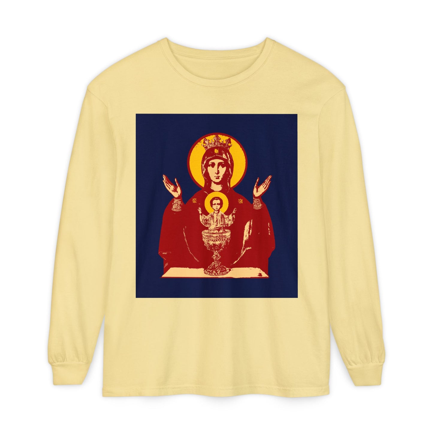 Butter-colored long sleeve featuring a red and gold Holy Theotokos IconoGraphic of the Inexhaustible Chalice with saint and child, Orthodox Christian design for deliverance from addictions and conquering passions.