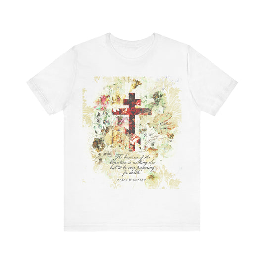 White t-shirt with a beige floral scrapbook texture cross, arts & crafts style, and a quote by St. Irenaeus—Orthodox Christian design inspired by "Preparing For Death.