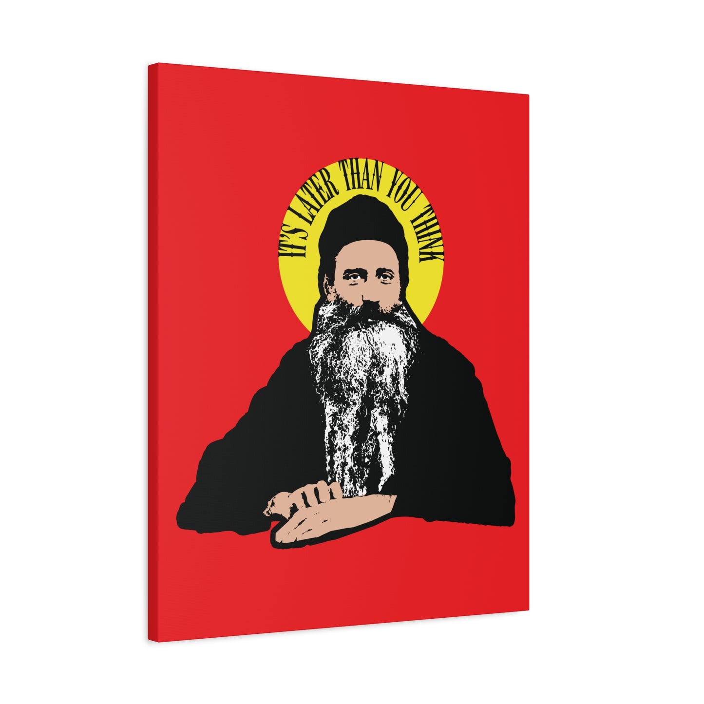 A bearded man in black with a yellow halo, representing Fr Seraphim Rose, and the quote "It's Later Than You Think" on a red background—Modern American Orthodox Saint wall art.