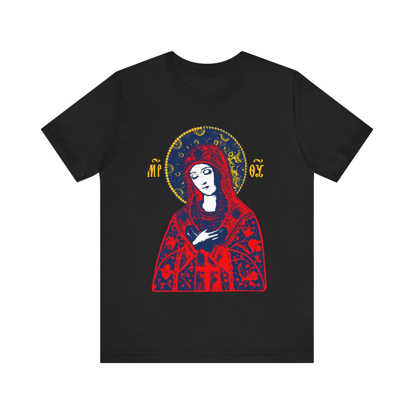 Black "Joy of All Joys Tenderness Theotokos" T-shirt featuring a bright red Orthodox Christian icon design based on traditional iconography.