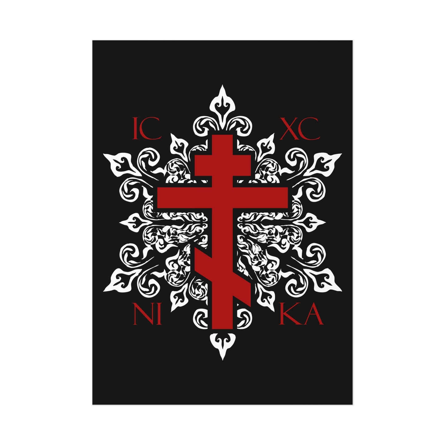 ICXC / NIKA Red Orthodox Cross on Ornate White Medieval Floral Design | Exclusive Best-Selling | Orthodox Christian Art Poster