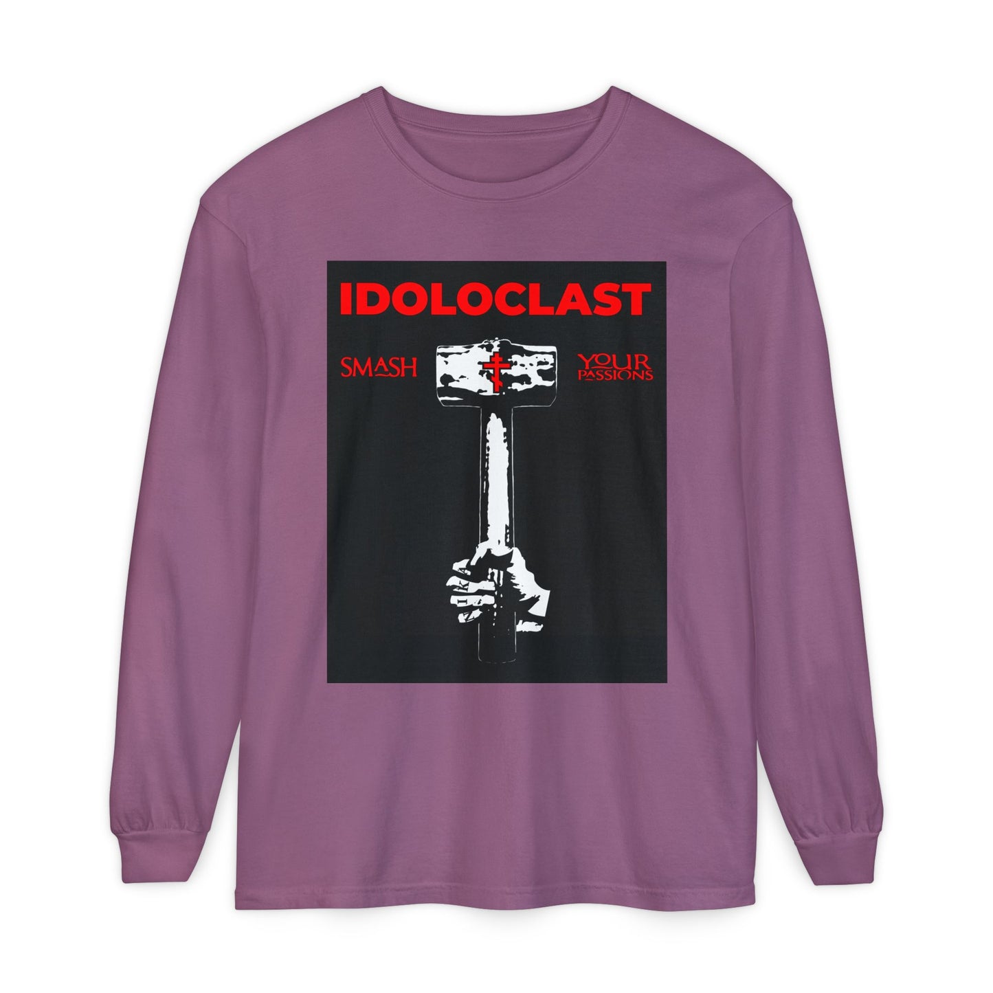 Berry long sleeve featuring Jesus' fist with a sledgehammer and "Smash Your Passions" inspired by Christian asceticism. Idoloclast Idol-Smasher design with ICXC NIKA. Orthodox Christian graphic shirt.