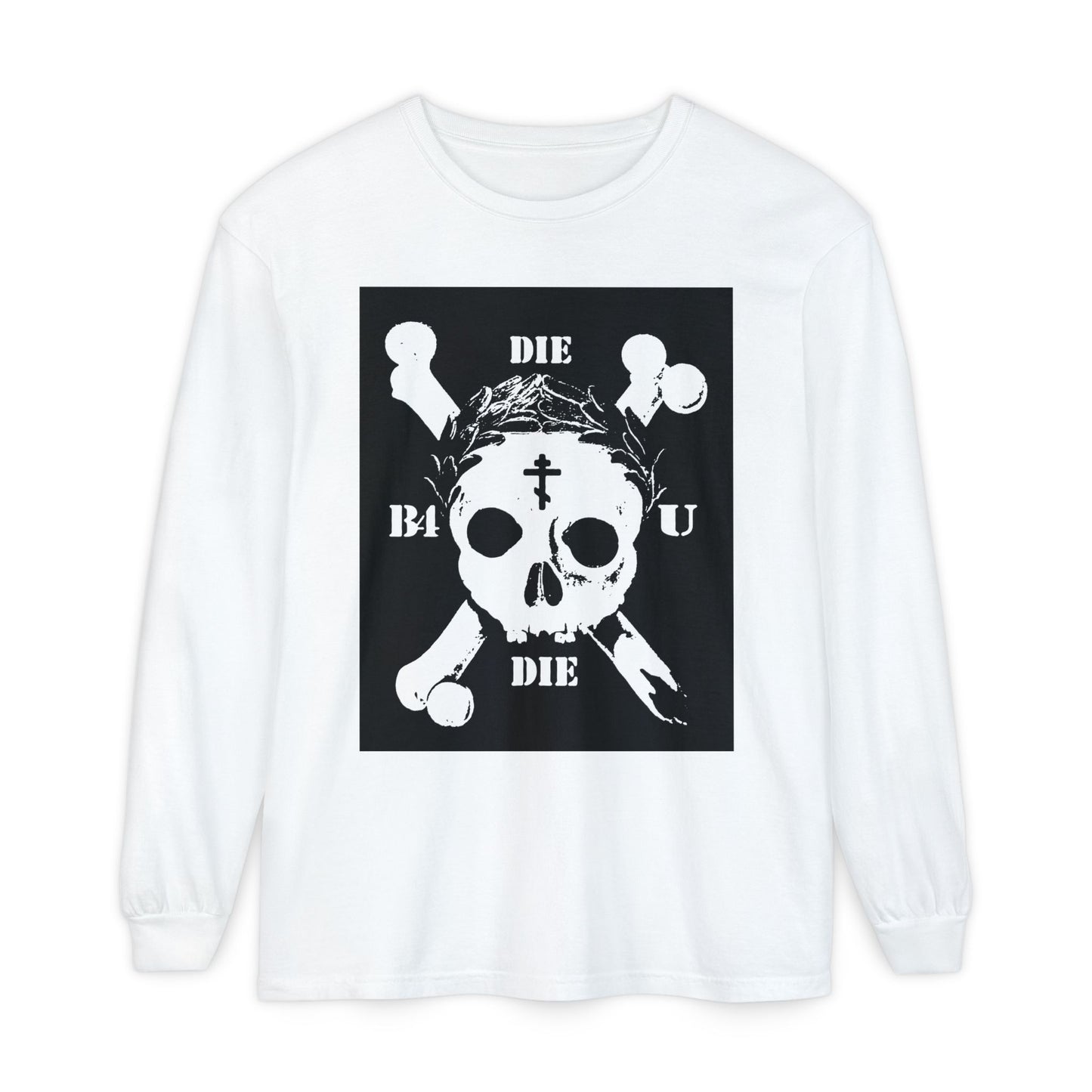 The Die Before You Die long sleeve features a retro skull & crossbones, Orthodox cross, laurel wreath, and "Memento Mori" on white—a bold ascetic Christian reminder to deny yourself and take up your cross.