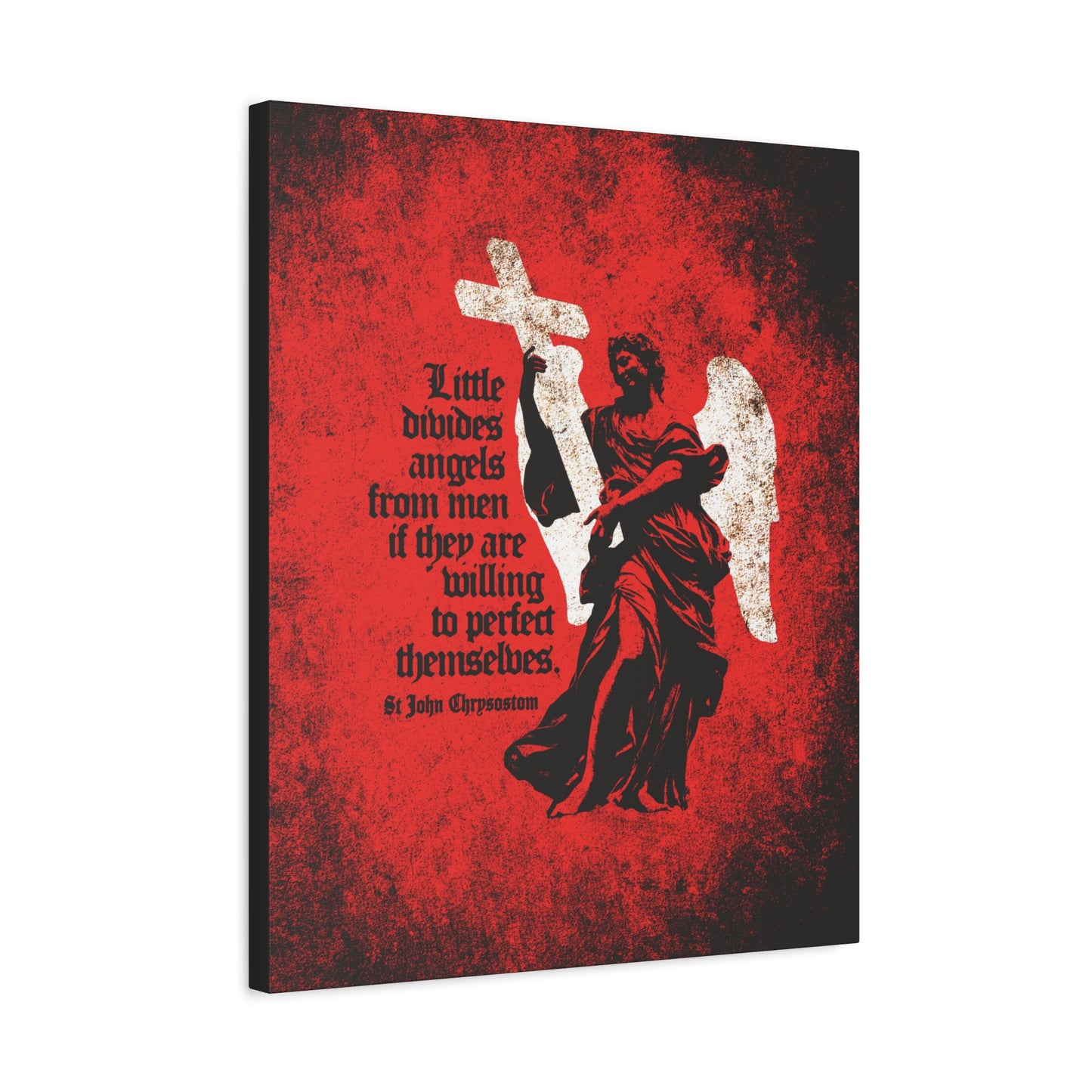 The Little Divides Angels from Men canvas art features a textured cemetery angel with cross and wings on a red background, paired with St. John Chrysostom’s “Be ye holy,” inspiring Orthodox Christian faith and perfection.