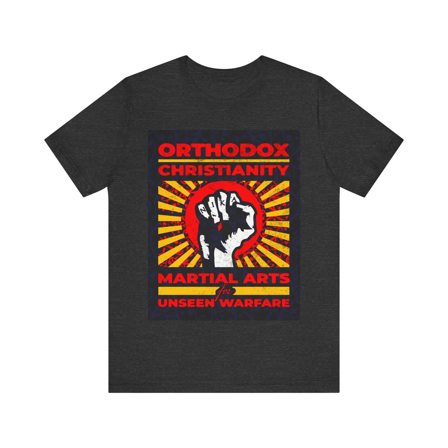 Orthodox Christianity: Martial Arts for Unseen Warfare | NIKA Jesus Fist on Colorful Sunburst Design | Orthodox Christian T-Shirt