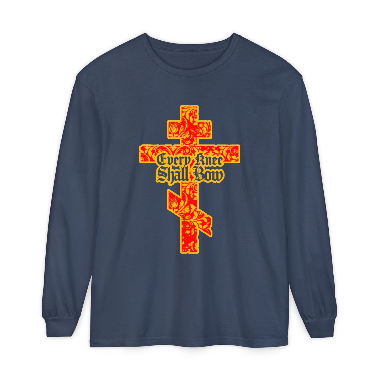 Navy long-sleeve shirt featuring a gold and red floral texture Orthodox cross with Gothic lettering, "Every Knee Shall Bow," and Isaiah 45:22-24 & Phil 2:7-11 references on the front.
