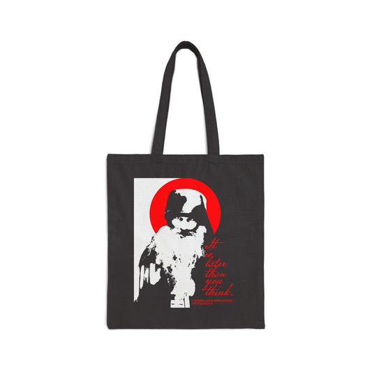 The Remembrance of Death "It's Later Than You Think" canvas tote bag features a striking black-and-white cat with a red circle and text, inspired by Fr Seraphim Rose and Orthodox memento mori, blending modern grunge and minimalist styles.