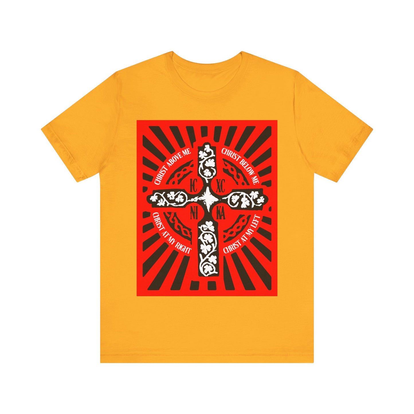Red ICXC NIKA Enniskillen Celtic Cross | Lorica of St. Patrick | Shield Prayer | Orthodox Christian Cotton T-Shirt