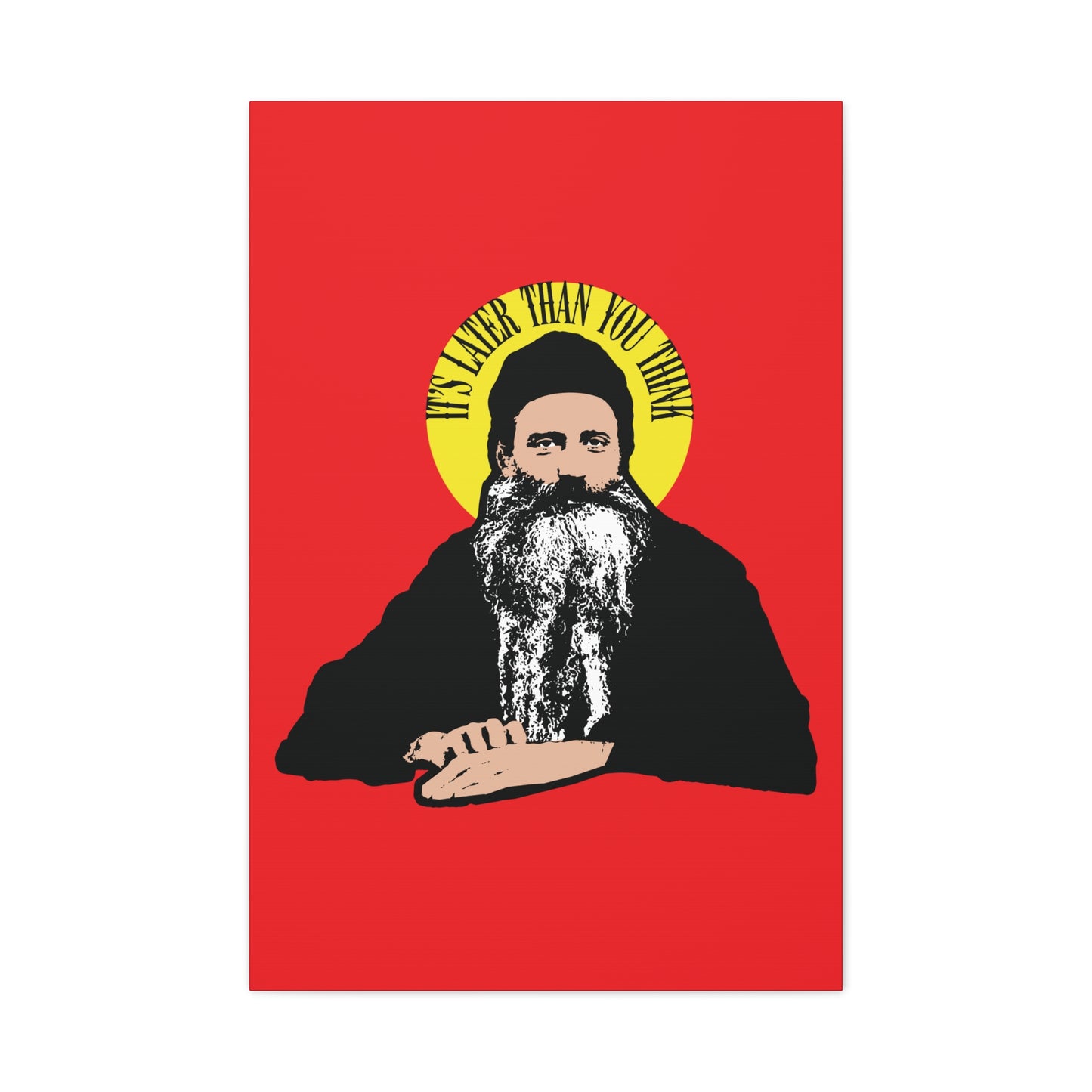 Illustration for "It's Later Than You Think" features a modern Orthodox Christian saint with a yellow halo, inspired by Fr Seraphim Rose’s quote—reminding us of life’s journey and the hereafter. Perfect Orthodox Christian wall art.