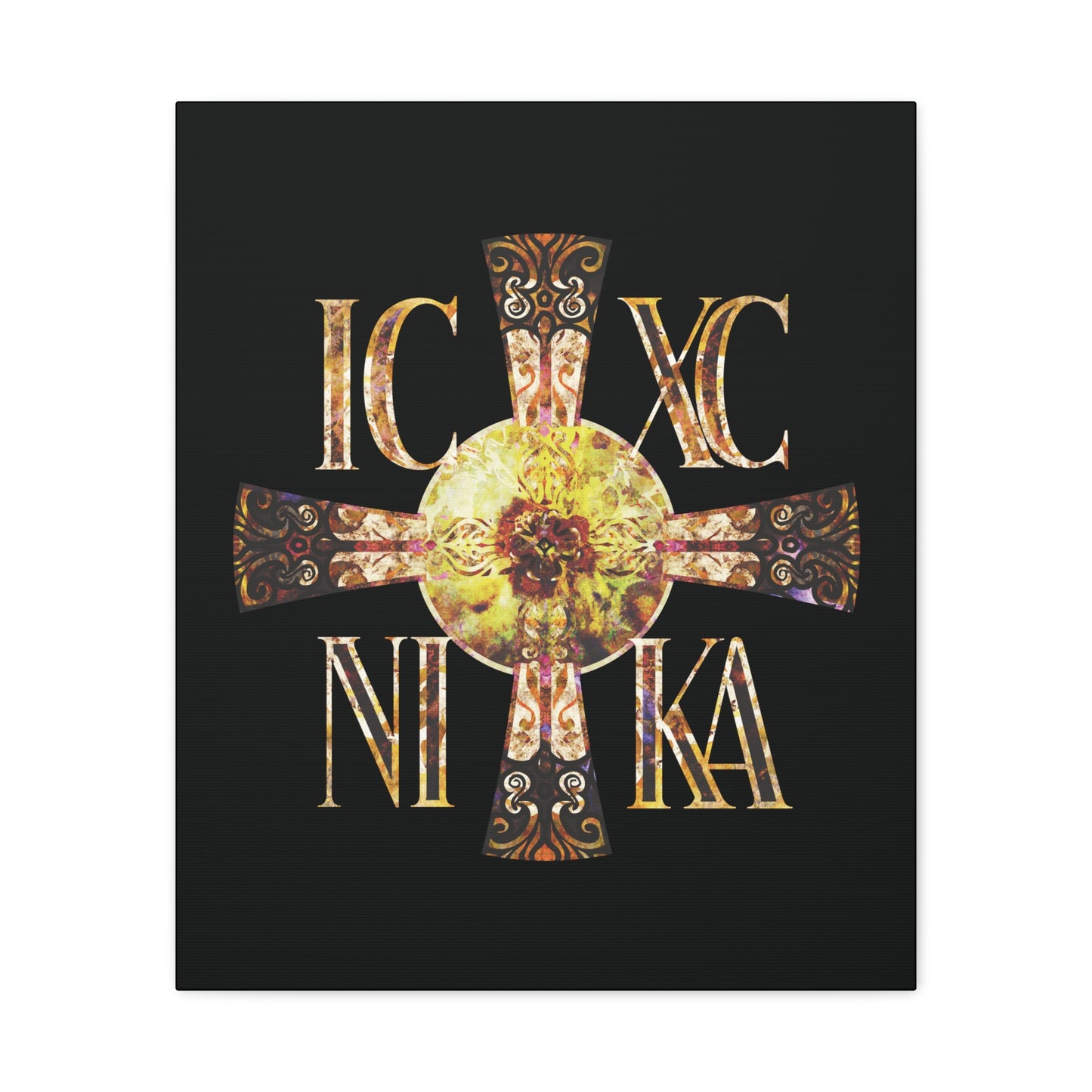 ICXC NIKA Celtic Style Equal Armed Cross | Bright Solar Texture | Orthodox Christian Canvas Art