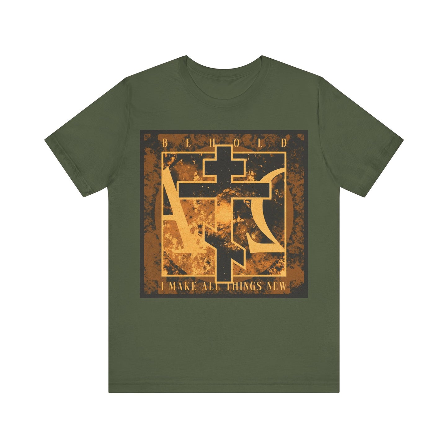 Military green cotton T-shirt featuring a brown and orange Orthodox cross with Alpha & Omega, and the text "Behold, I Make All Things New" (Rev 21:5), inspired by the promise of a new heaven and earth.