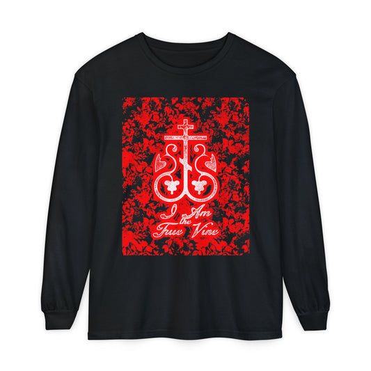 I Am the True Vine (John 15:1) | Orthodox Cross Vine Monogram | Red and Black Floral Design | Orthodox Christian Long Sleeve Shirt