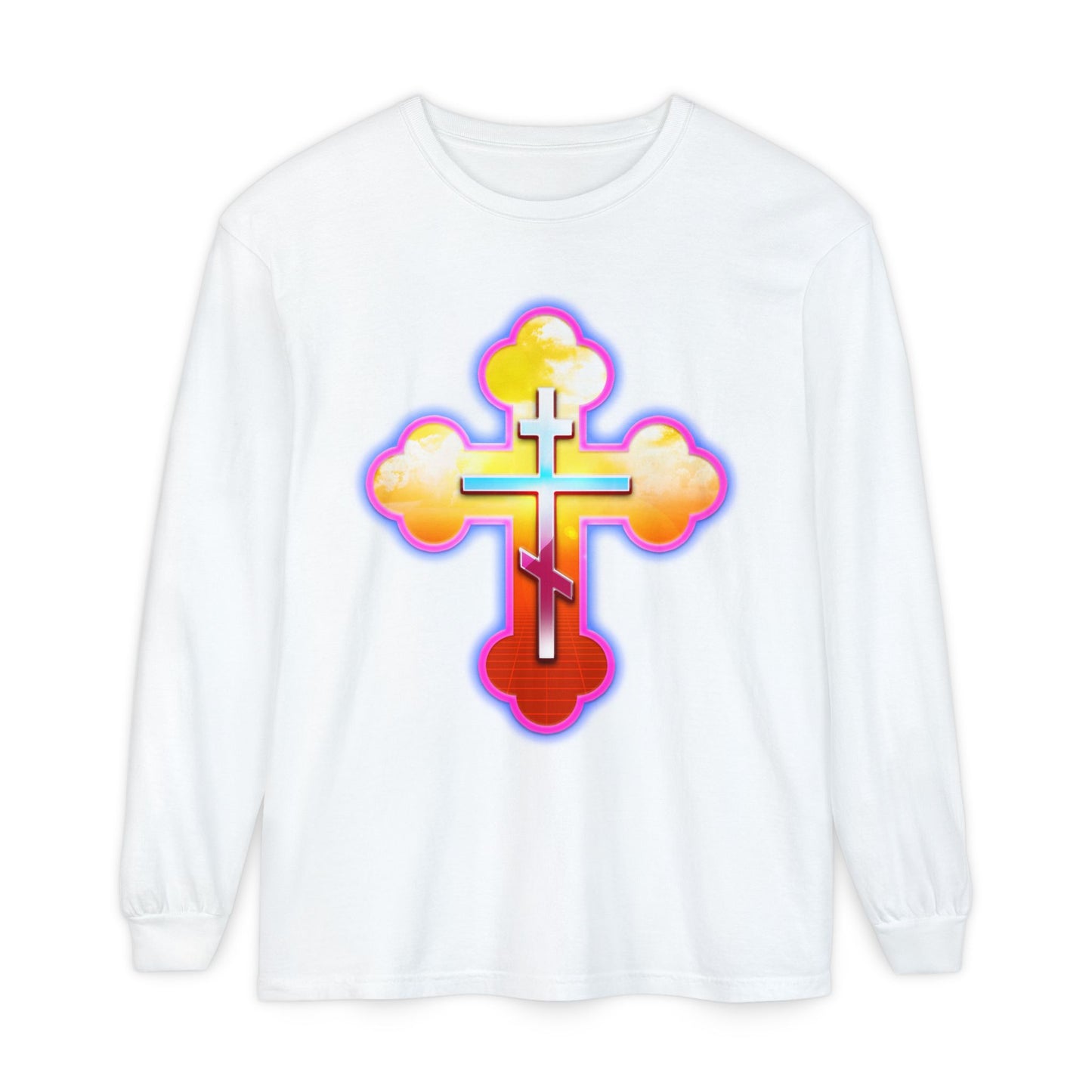 80s Synthwave Retrowave Outrun Aesthetic | Glowing & Reflective Gold & Red Three-Bar Cross | Orthodox Christian Cotton Long Sleeve Shirt