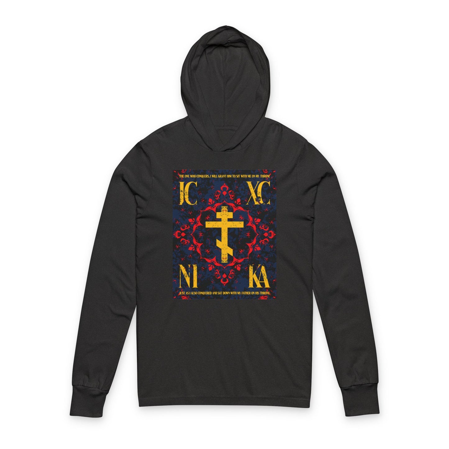 IC XC NIKA Orthodox Cross | Medieval Floral Design | The One Who Conquers (Revelation 3:21) | Orthodox Long Sleeve Hooded Shirt