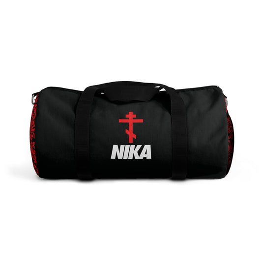 NIKA Red Orthodox Cross | Black Bag | NIKE Logo Mashup | Minimalist Corporate Sports Logo Aesthetic | Orthodox Christian Gym Duffel Bag