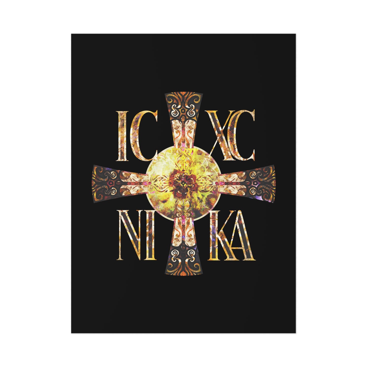 ICXC NIKA Celtic Style Equal Armed Cross | Bright Solar Texture | Orthodox Christian Art Poster