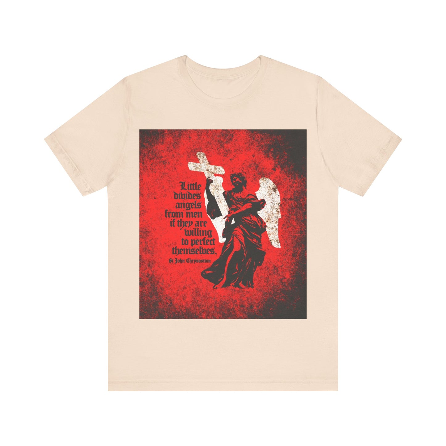 Soft cream T-shirt featuring a textured cemetery angel graphic, St John Chrysostom’s quote “Little Divides Angels from Men” on Christian perfection, in gothic font. Orthodox Christian apparel.