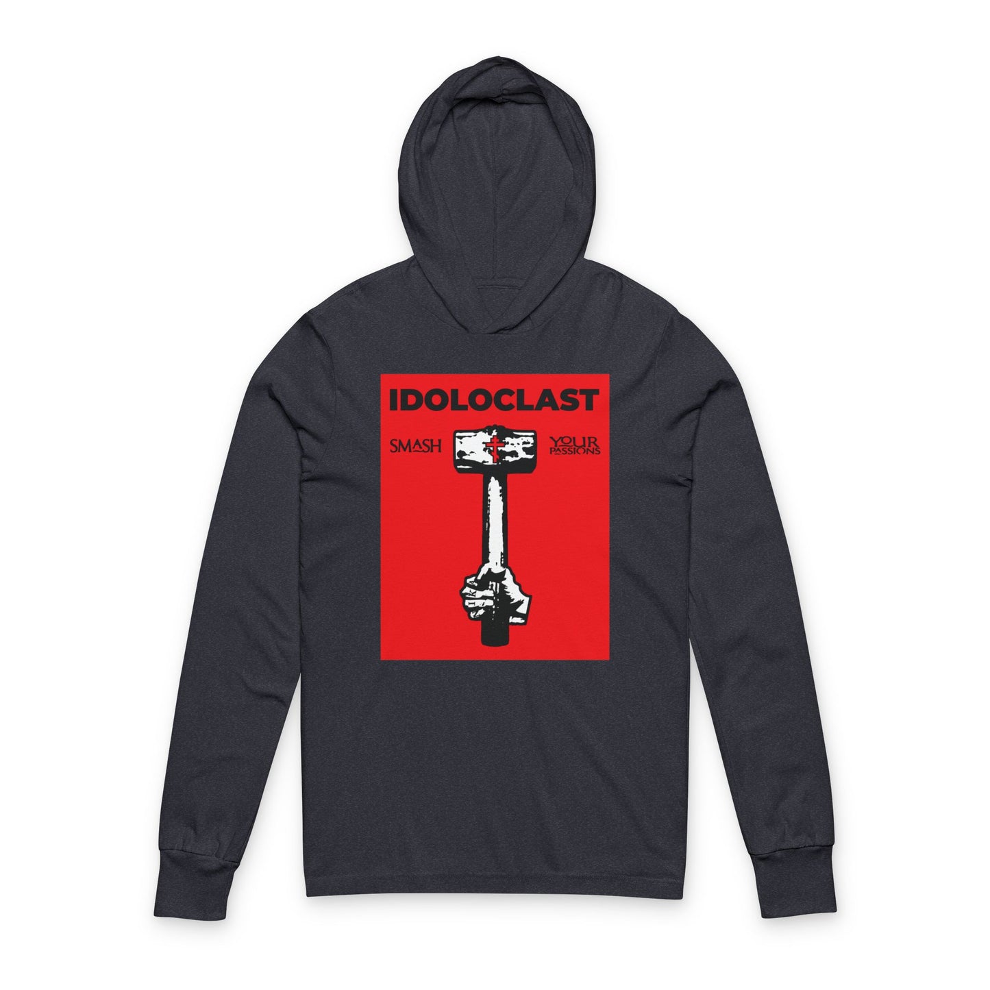 Heather navy hooded shirt featuring a red background with the Jesus NIKA fist holding a sledgehammer and "Idoloclast Idol-Smasher—Smash Your Passions." Embrace Christian asceticism and Orthodox inspiration.